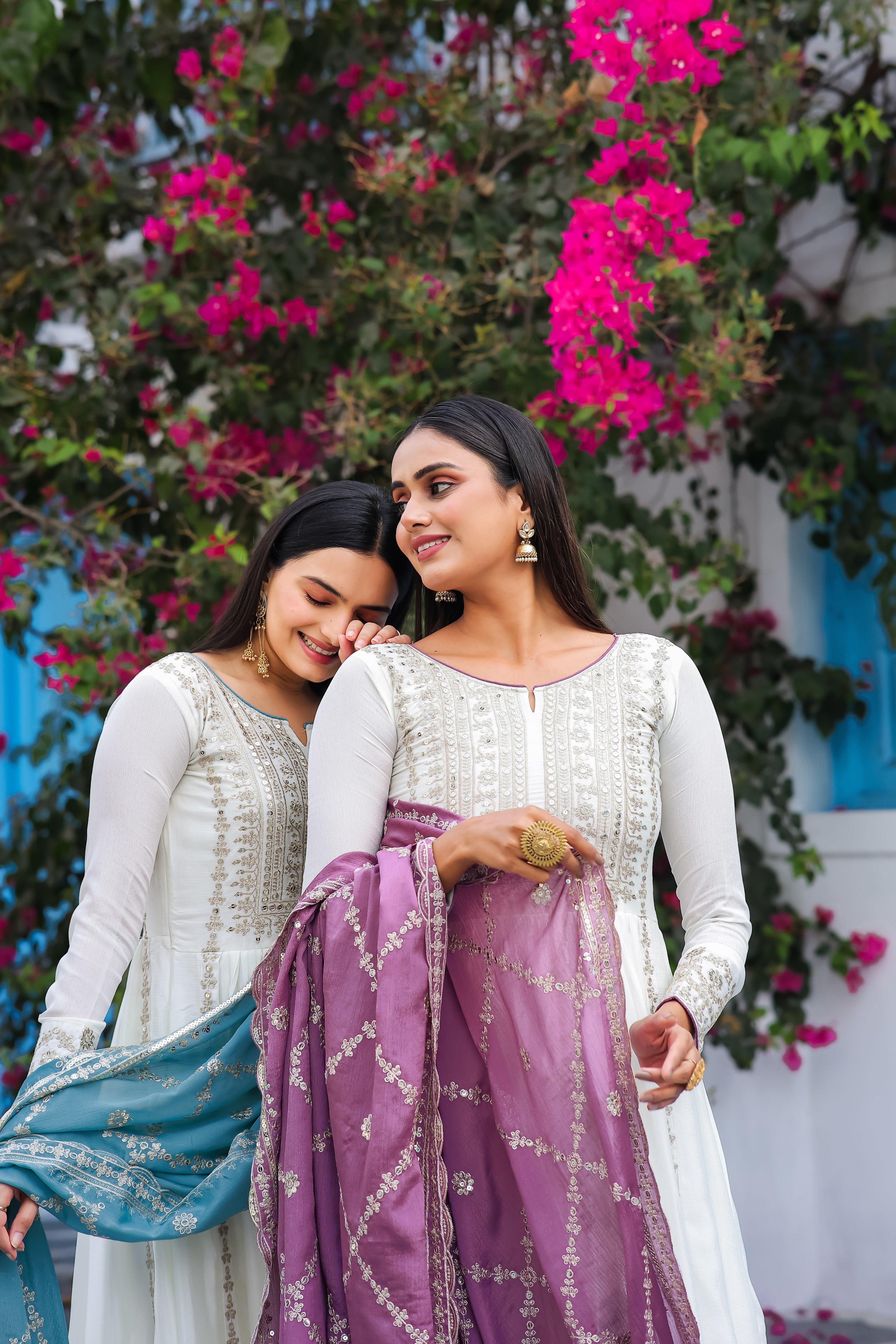 Magnificent Pure Chinon Silk Sequins Embroidered Anarkali Pant Suit - Ethnicwish