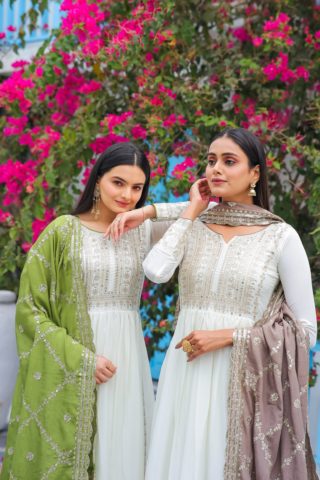 Magnificent Pure Chinon Silk Sequins Embroidered Anarkali Pant Suit - Ethnicwish