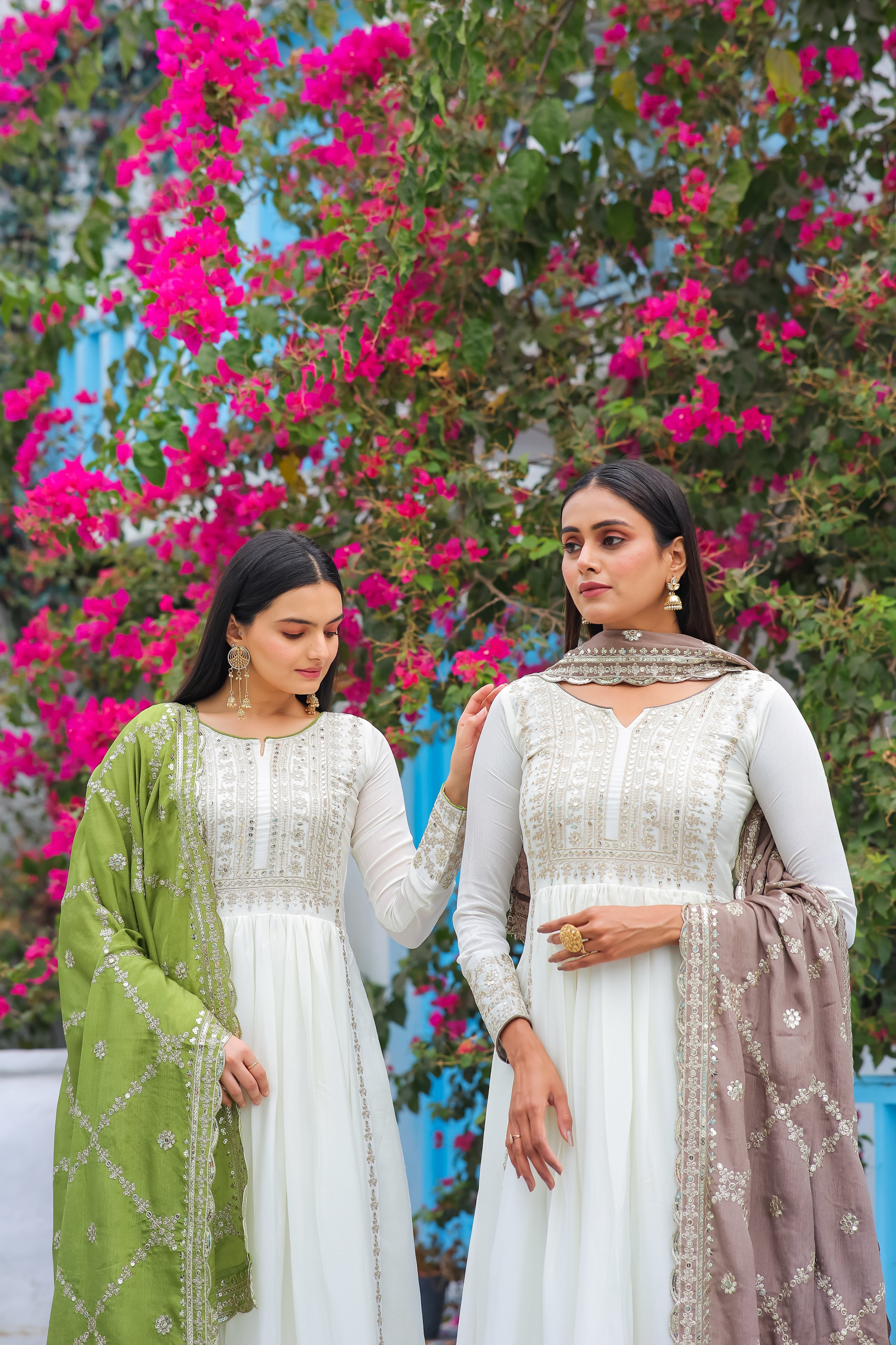 Magnificent Pure Chinon Silk Sequins Embroidered Anarkali Pant Suit - Ethnicwish