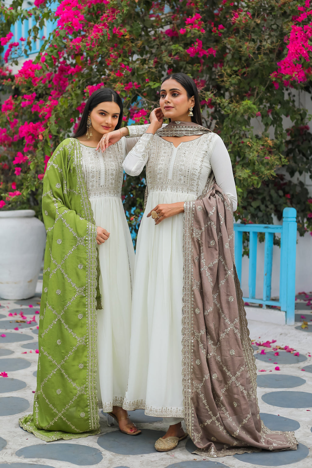 Magnificent Pure Chinon Silk Sequins Embroidered Anarkali Pant Suit - Ethnicwish