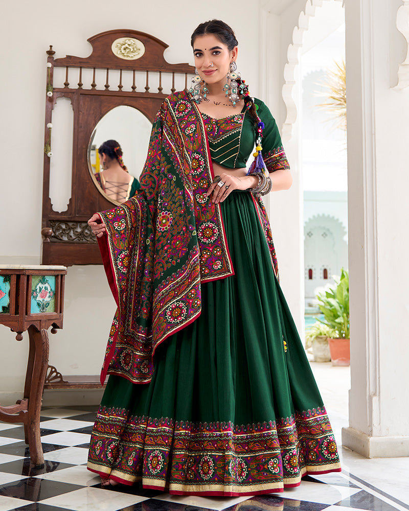 Green Color Tussar Silk Full Stitched Navratri Lehenga Choli - ETHNICDEAL