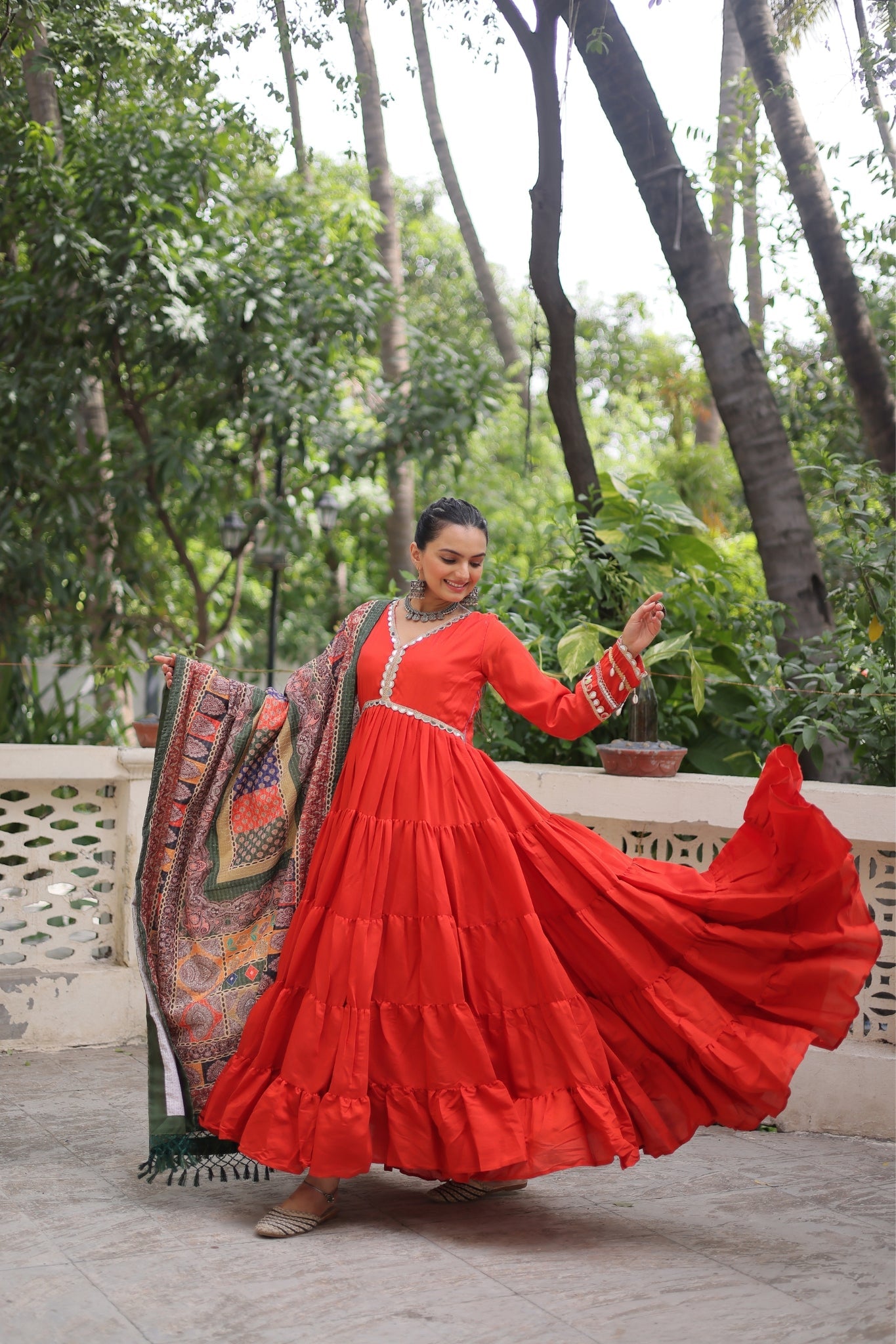 Beautiful Frill Stitching Designer Festival And Wedding Gown And Dupatta Set - ETHNICDEAL