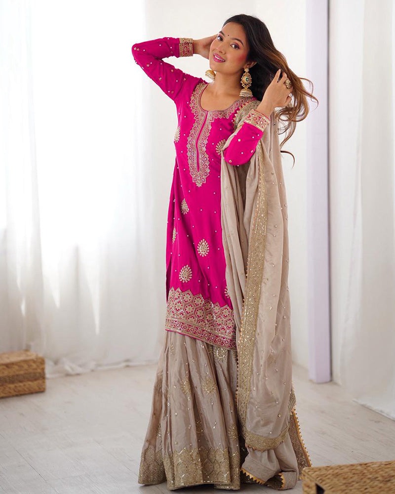 Pink Color Chinon Silk Embroidered Sharara Suit - ETHNICDEAL