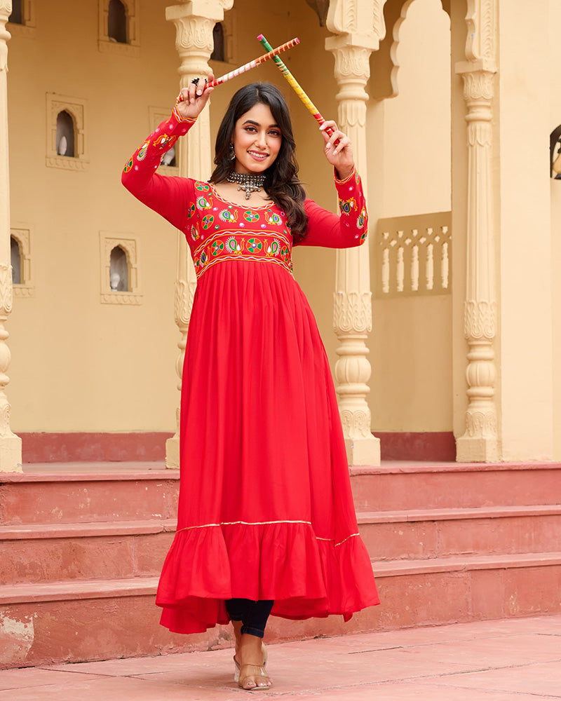 Designer Red Pure Rayon Embroidered Kurti for Navratri Festival - ETHNICDEAL