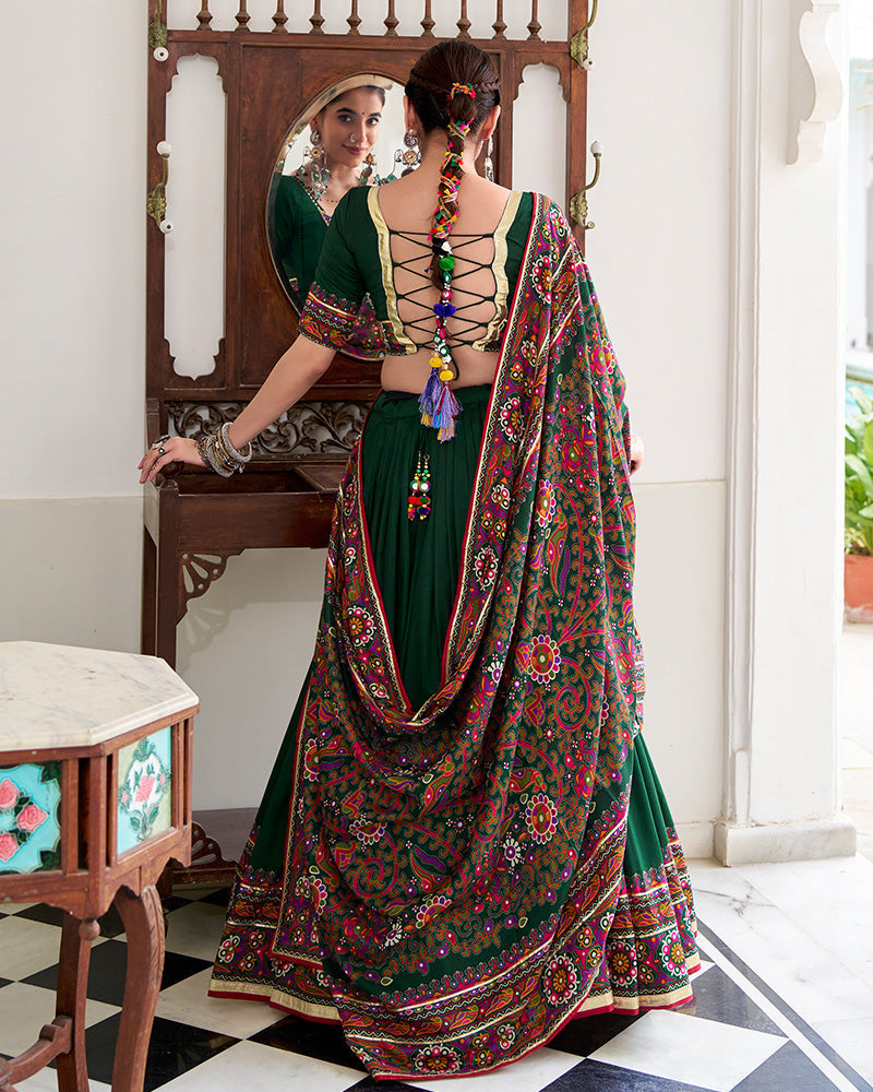 Green Color Tussar Silk Full Stitched Navratri Lehenga Choli - ETHNICDEAL