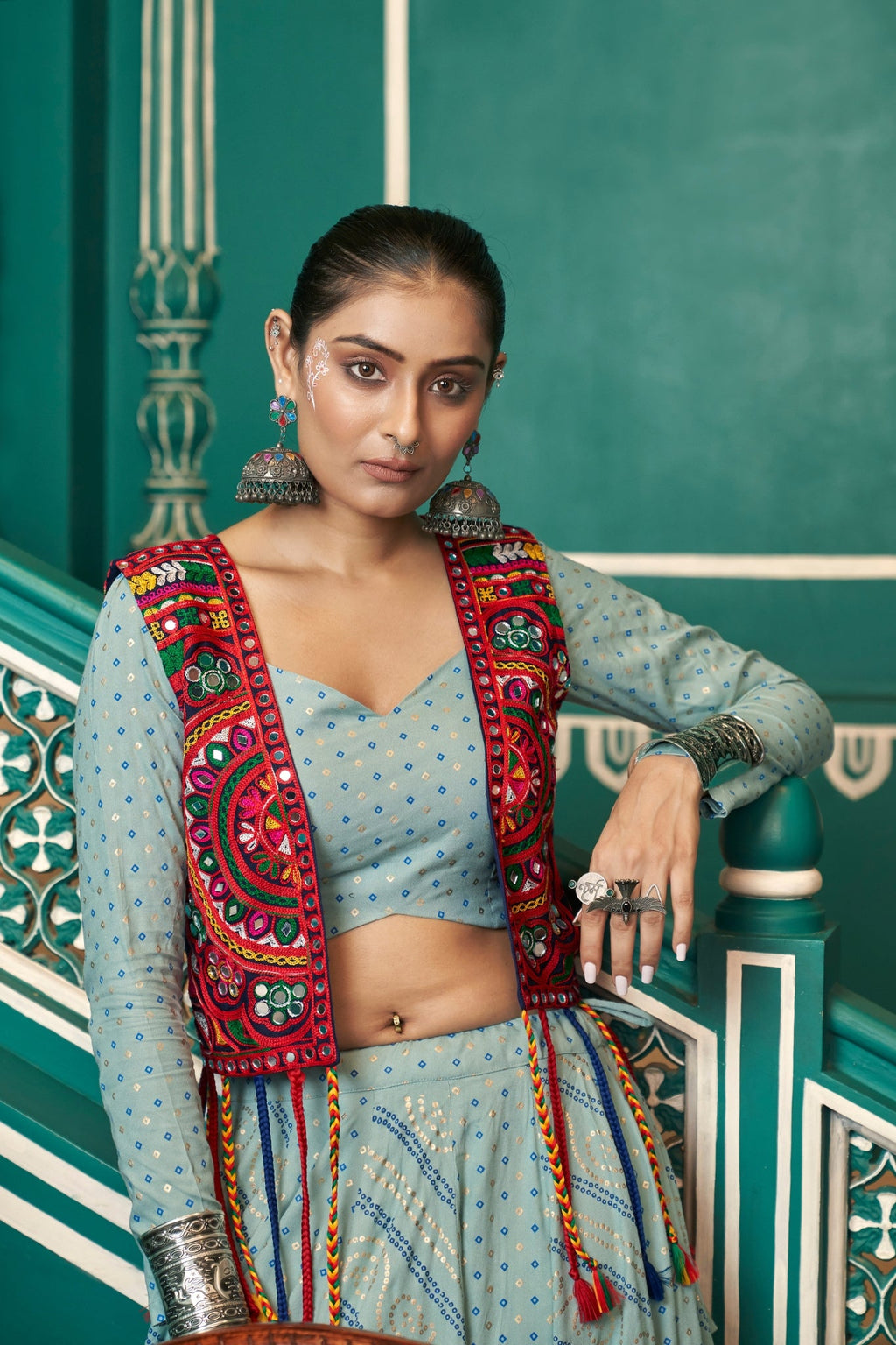 Pista Green Navratri Designer Viscose Rayon Readymade Lehenga Choli - ETHNICDEAL