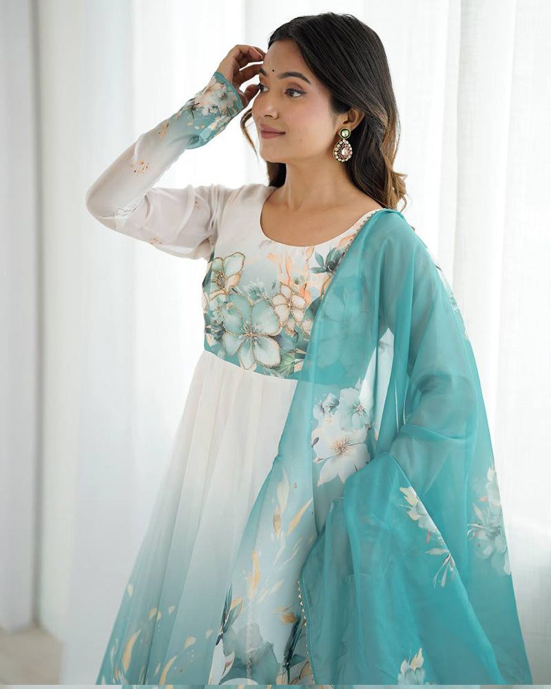 Aqua Blue Organza Anarkali Suit with Floral Print & Dupatta - ETHNICDEAL
