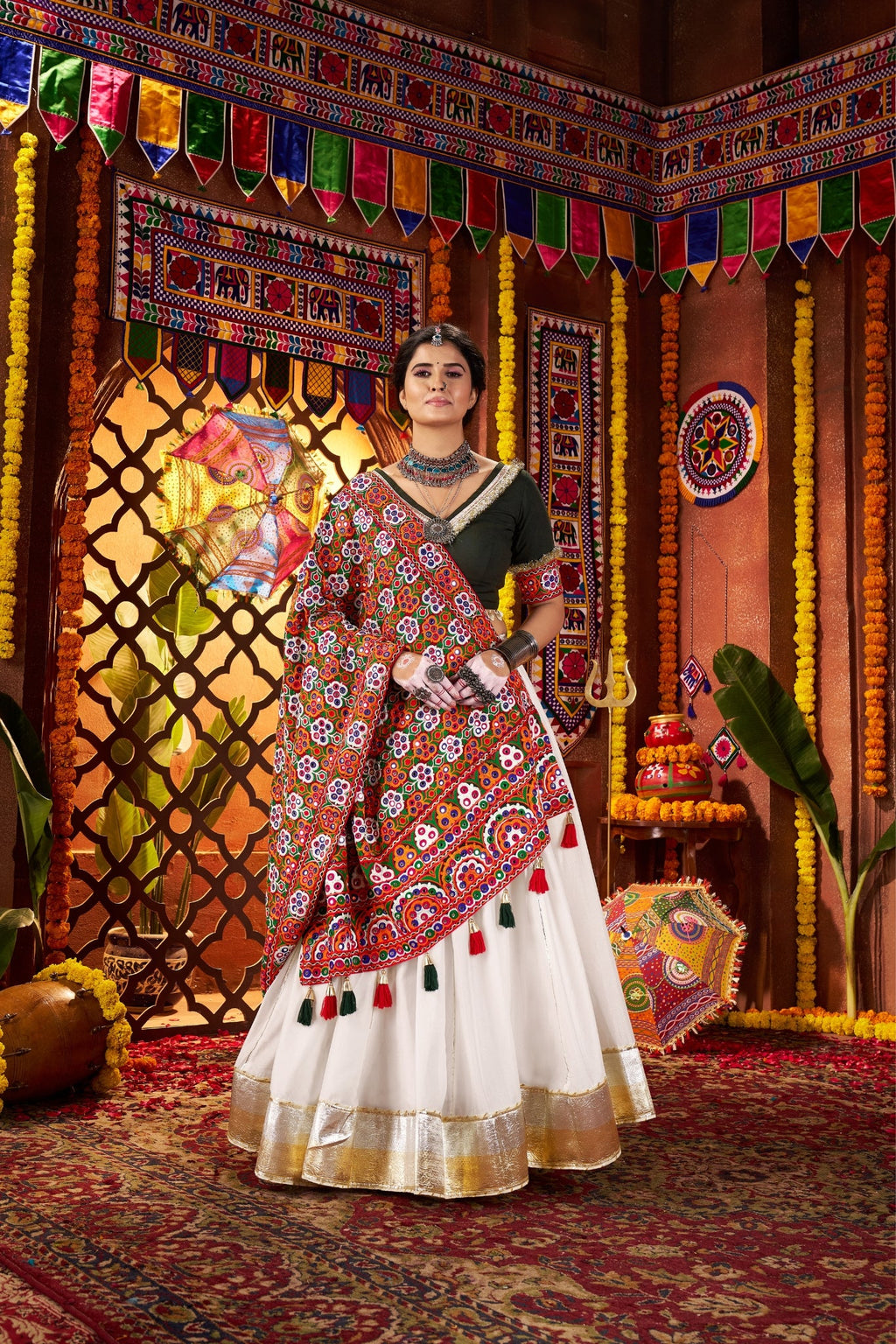 Beautiful White Designer Silk Navratri Special Lehenga Choli Set - ETHNICDEAL