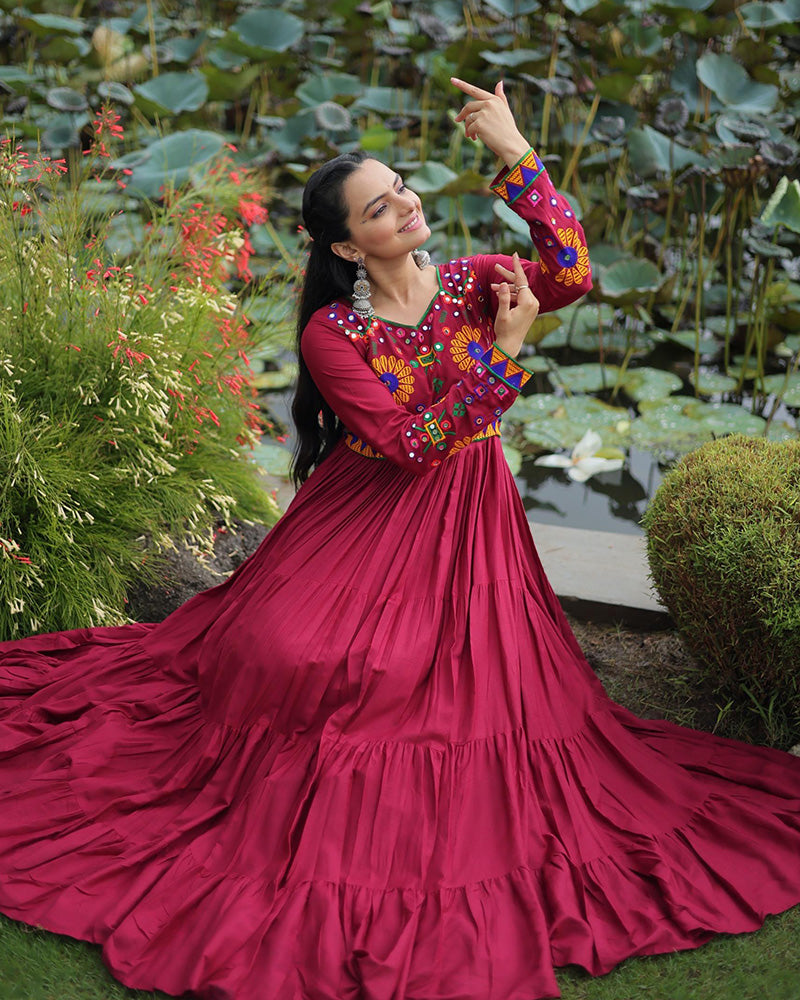 Mesmerizing Maroon Rayon Gamthi Style Navratri Gown for Women - ETHNICDEAL