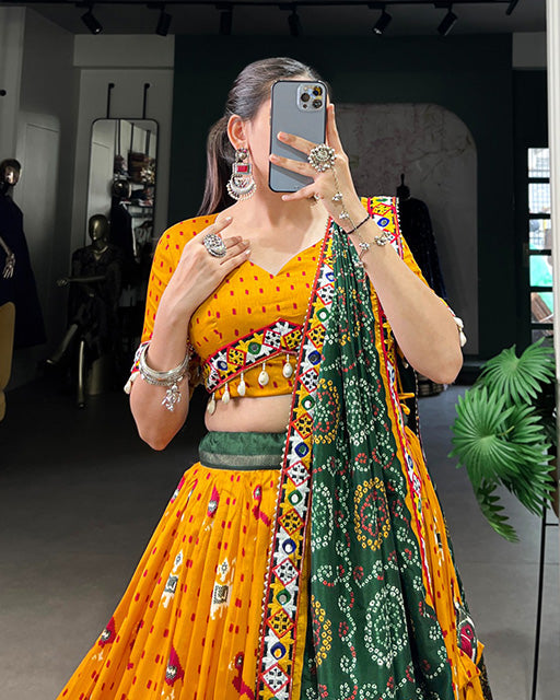 Mustard Color Tussar Silk Patola Printed Navratri Lehenga Choli - ETHNICDEAL