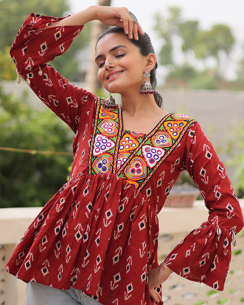 Designer Maroon Cotton Printed Kediya for Navratri Festival - ETHNICDEAL