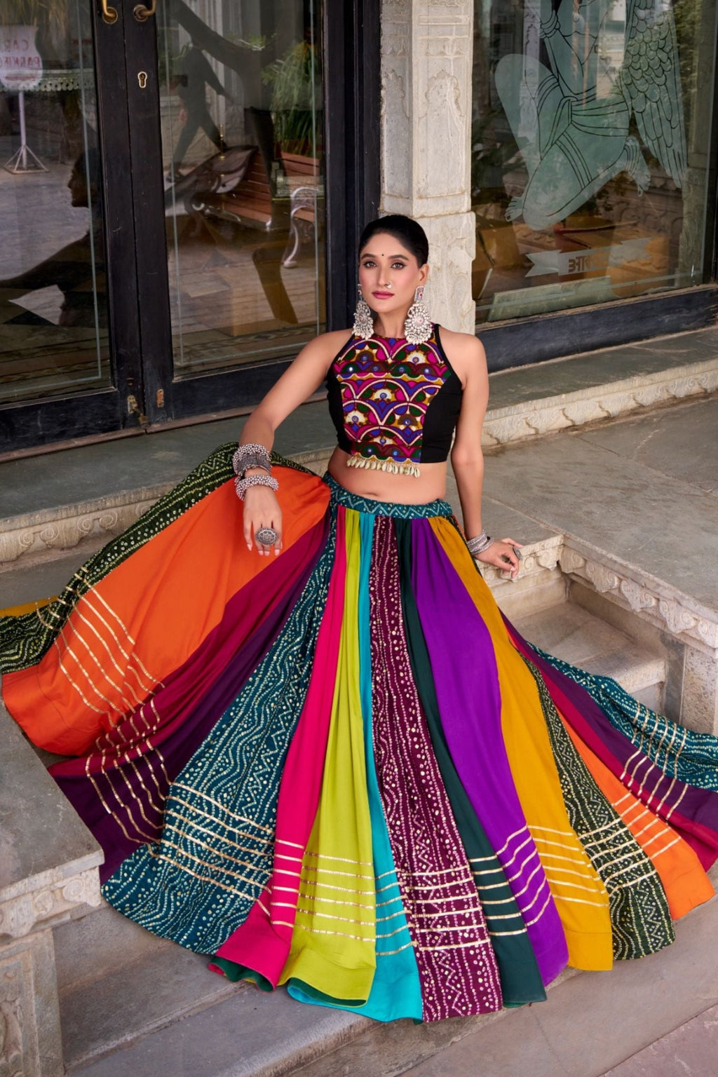 Rainbow Designer Pre Rayon Original Mirror With Gamthi Work Navratri Lehenga Choli - ETHNICDEAL