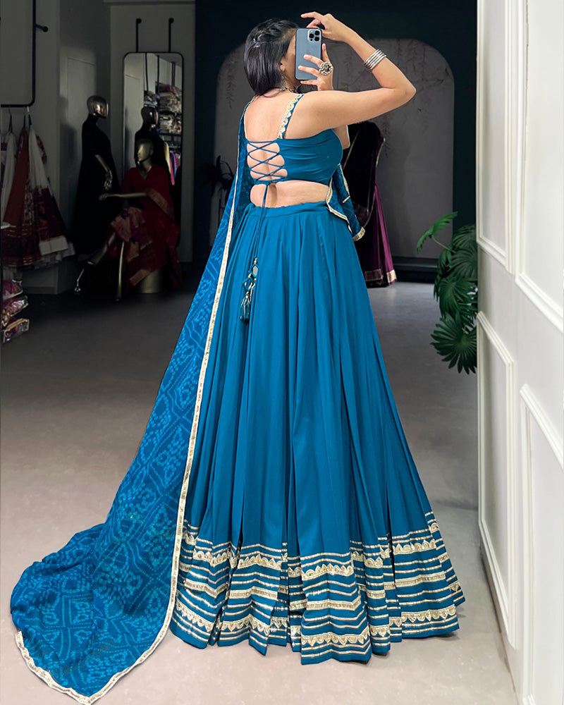 Classic Teal Blue Color Pure Rayon Navratri Lehenga Choli - ETHNICDEAL