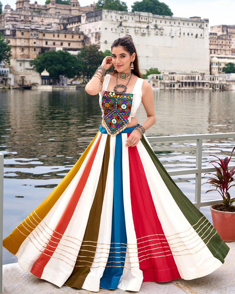 Vibrant Multi-Color Pure Rayon Gamthi Navratri Lehenga Choli - ETHNICDEAL