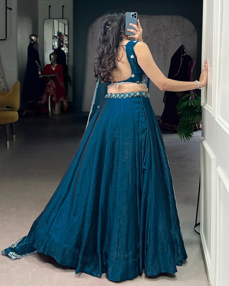 Festive Peacock Color Fendi Silk Embroidered Lehenga Choli - ETHNICDEAL