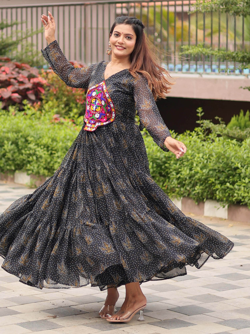 Feminine Black Georgette Bandhani Printed Traditional Layered Gown