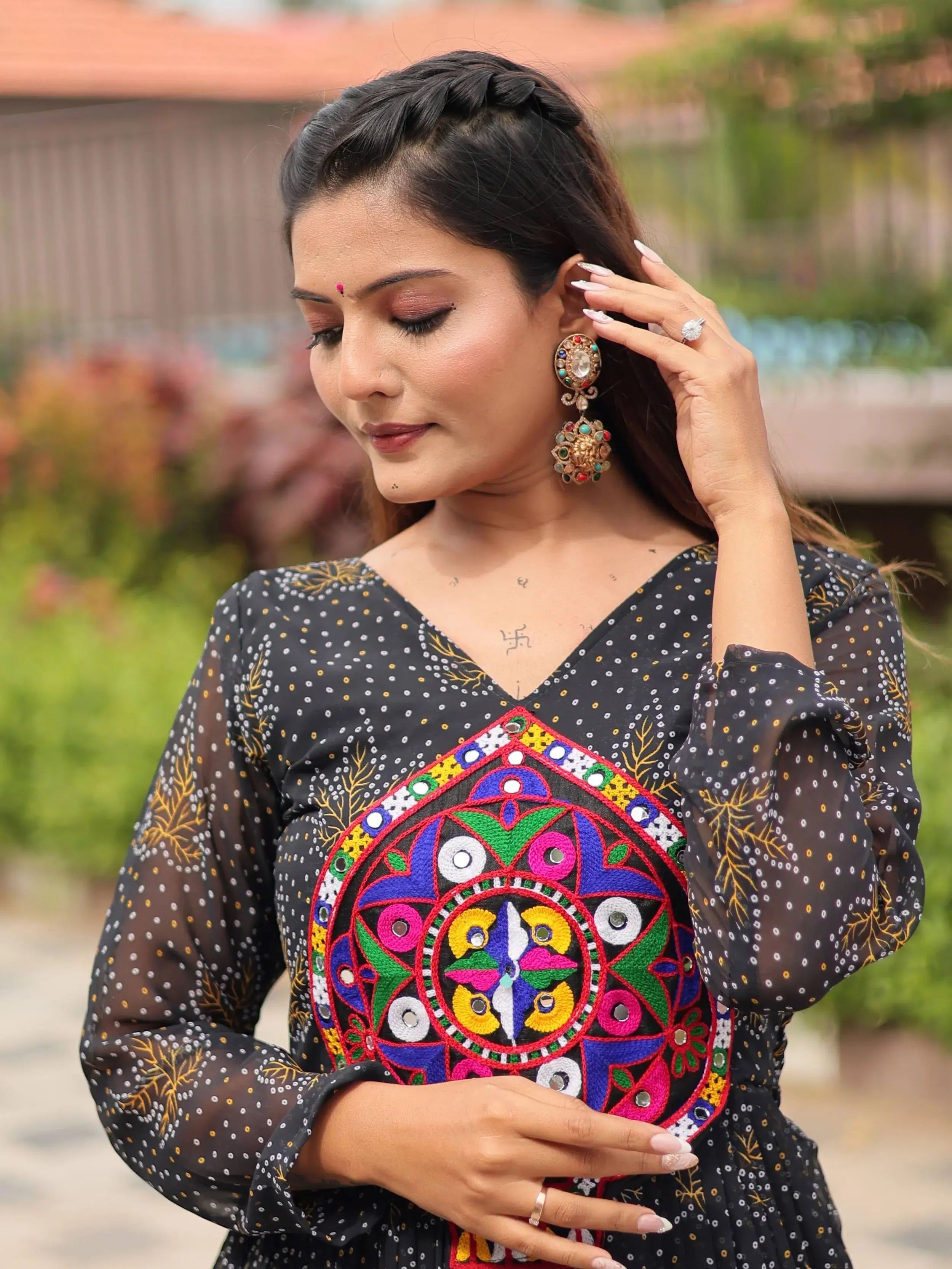 Feminine Black Georgette Bandhani Printed Traditional Layered Gown