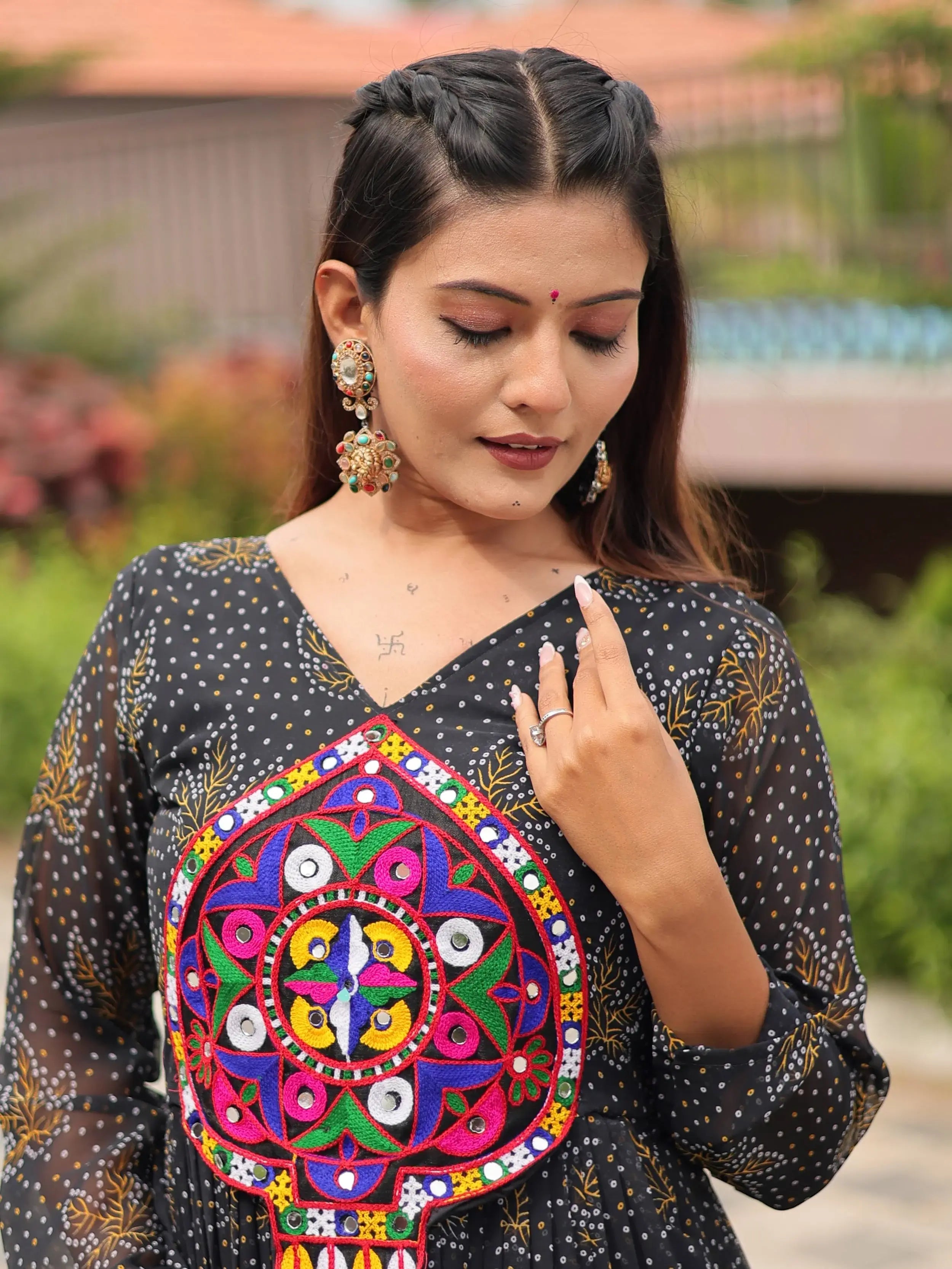 Feminine Black Georgette Bandhani Printed Traditional Layered Gown