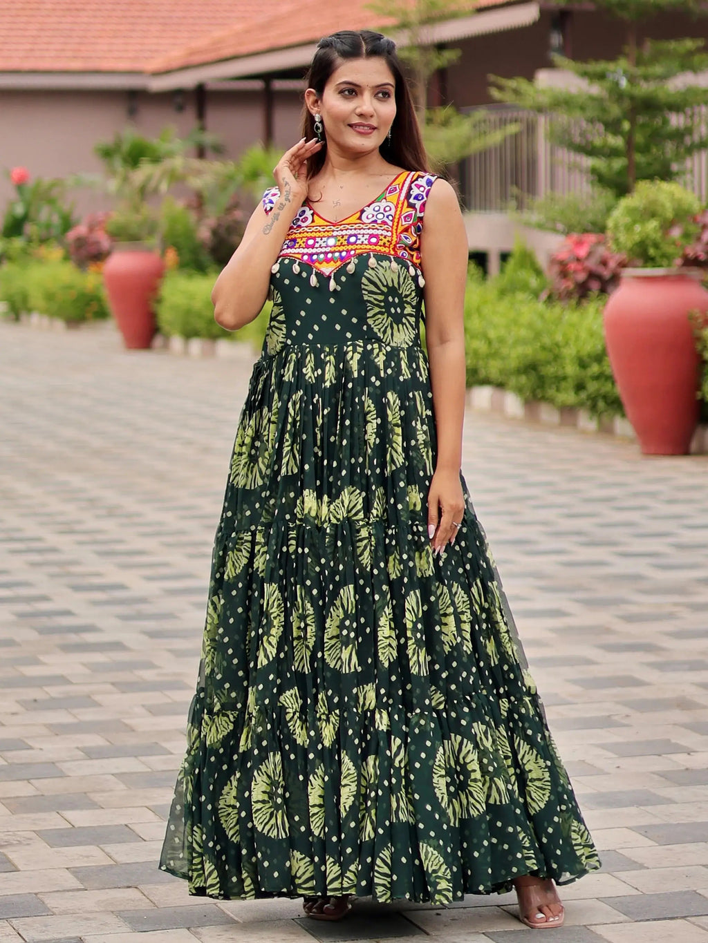 Glamorous Green Georgette Floral Printed Navratri Wear Gown