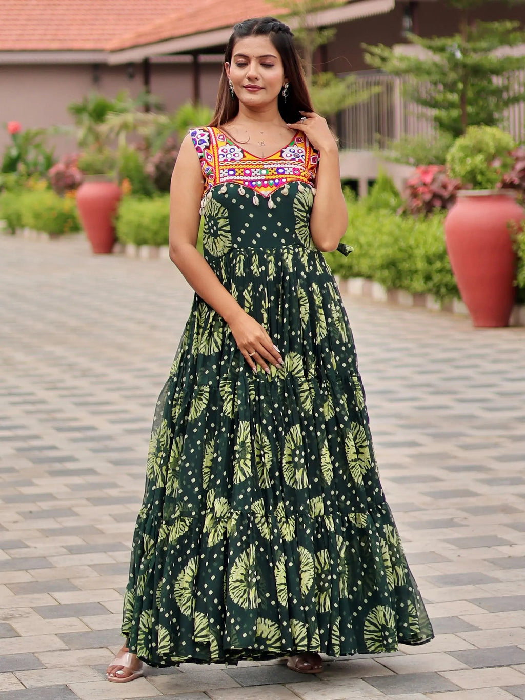 Glamorous Green Georgette Floral Printed Navratri Wear Gown