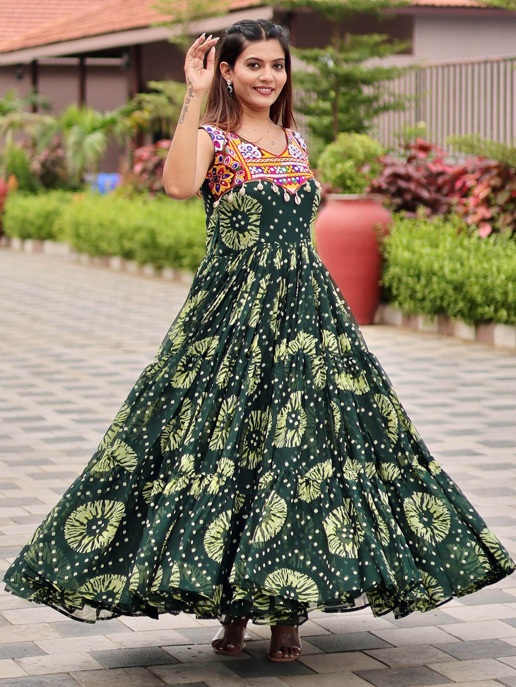 Glamorous Green Georgette Floral Printed Navratri Wear Gown