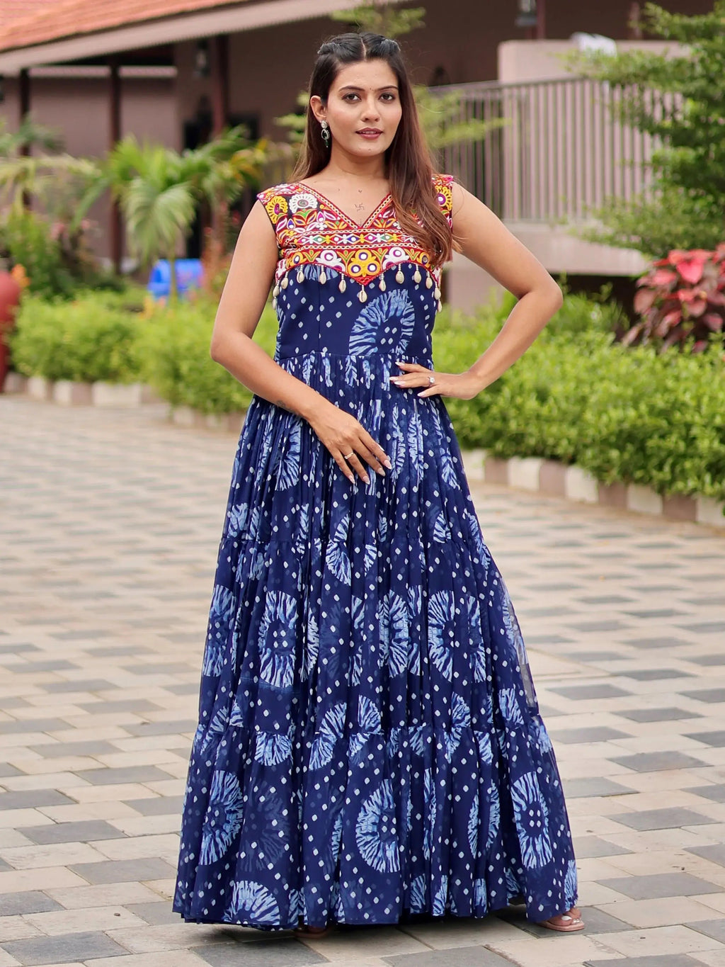 Regal Blue Mirror Work Georgette Festival Wear Gown