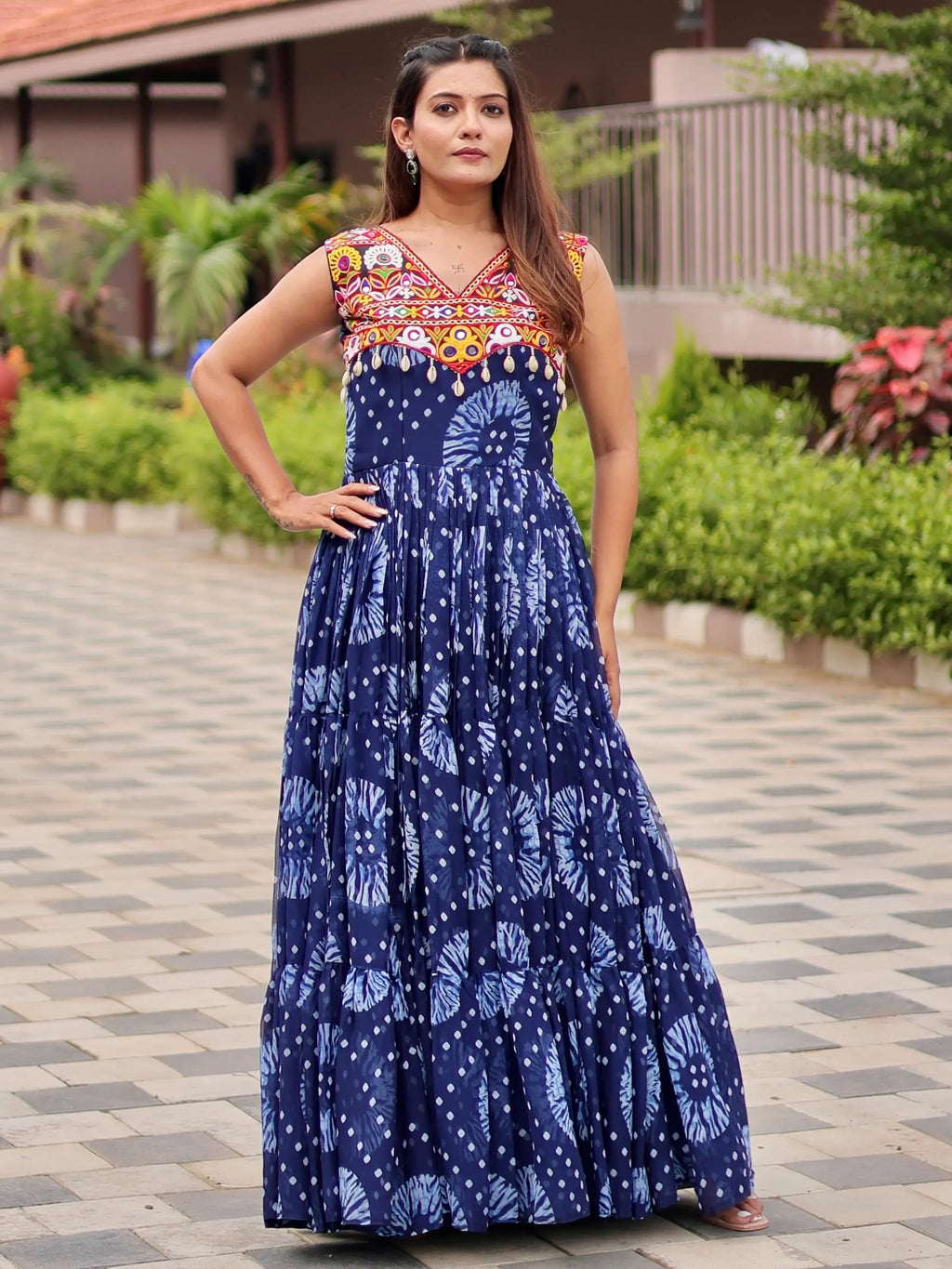 Regal Blue Mirror Work Georgette Festival Wear Gown
