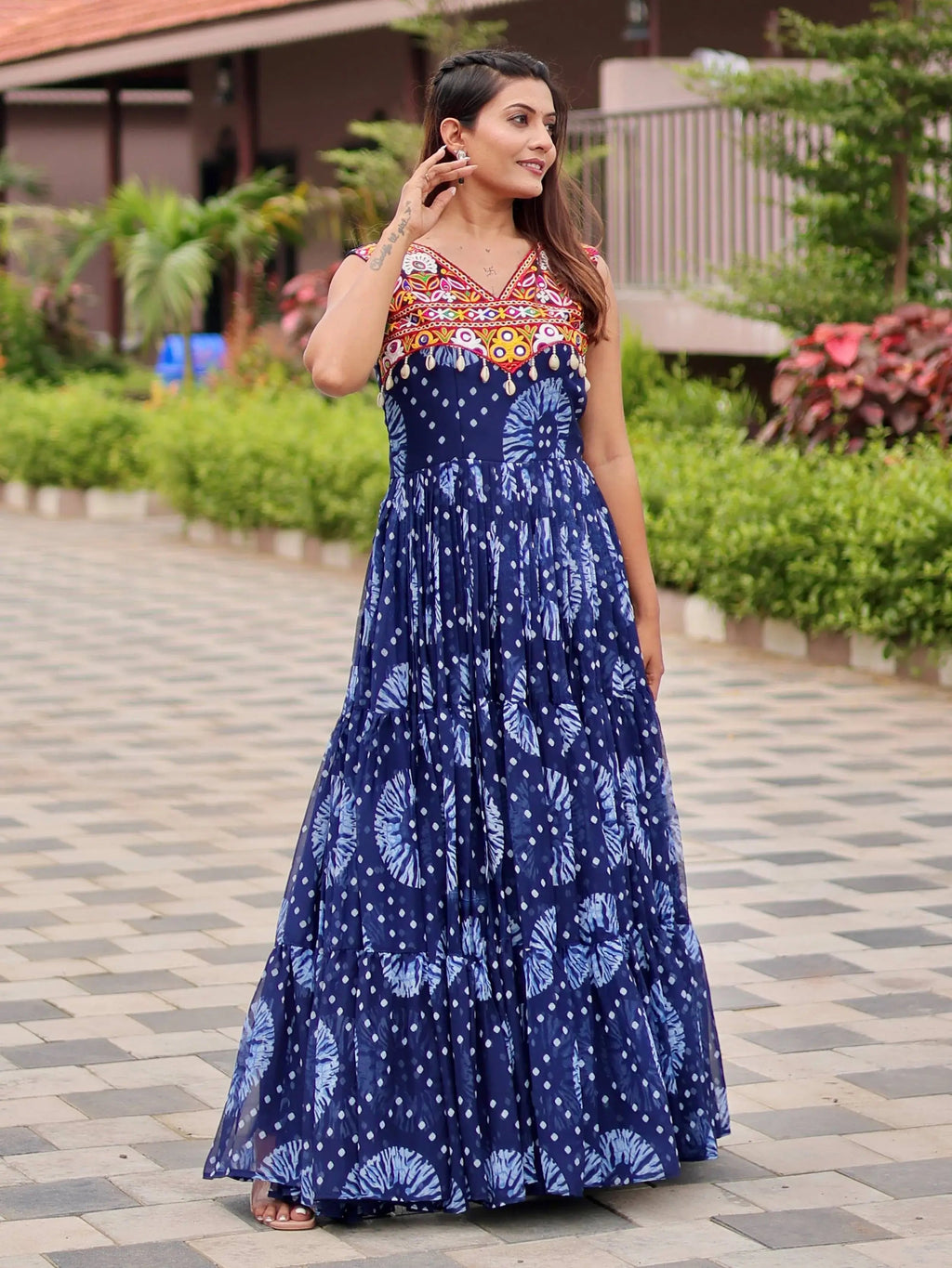 Regal Blue Mirror Work Georgette Festival Wear Gown