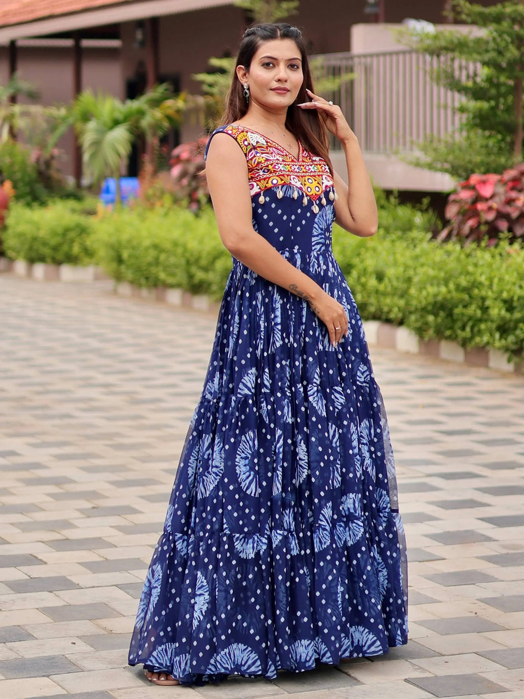 Regal Blue Mirror Work Georgette Festival Wear Gown