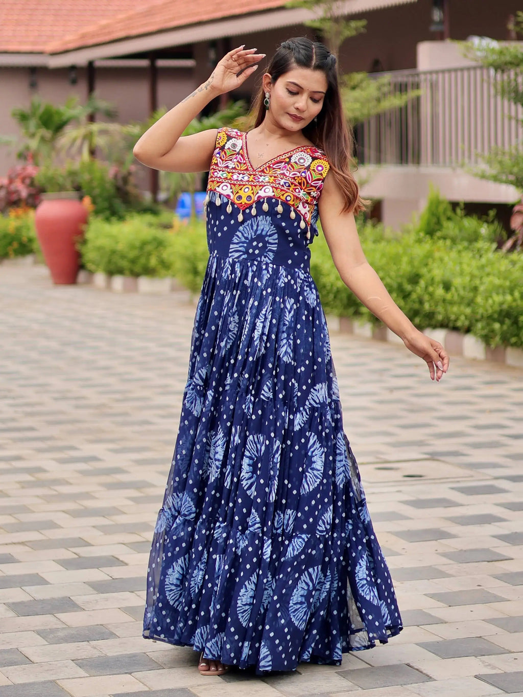Regal Blue Mirror Work Georgette Festival Wear Gown