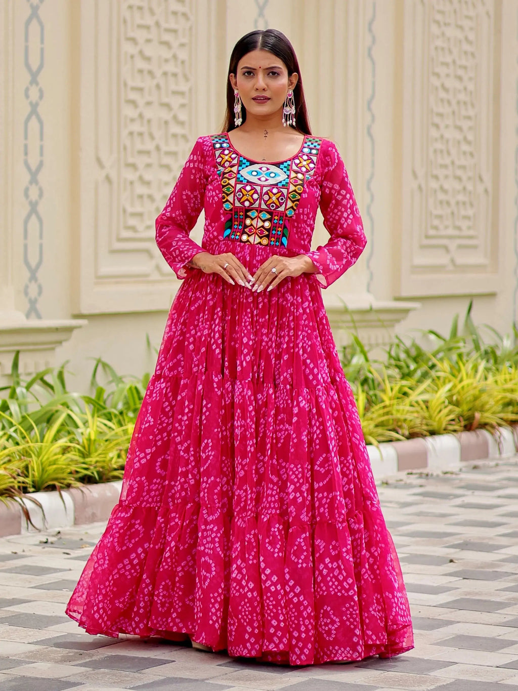 Regal Pink Georgette Bandhani Printed Navratri Wear Gown