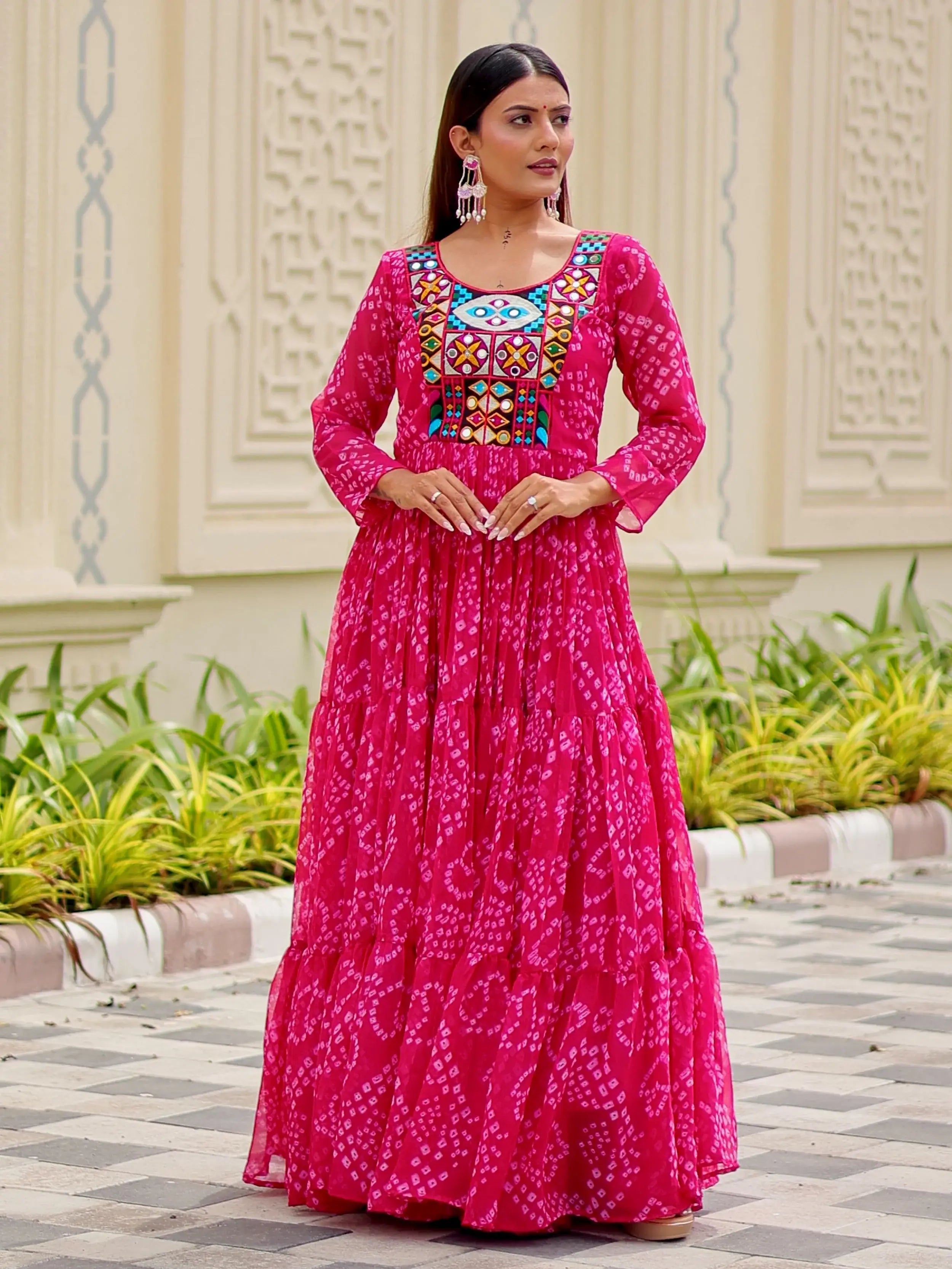 Regal Pink Georgette Bandhani Printed Navratri Wear Gown