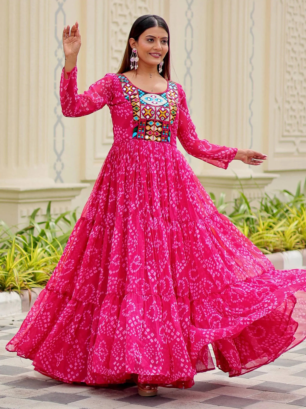 Regal Pink Georgette Bandhani Printed Navratri Wear Gown