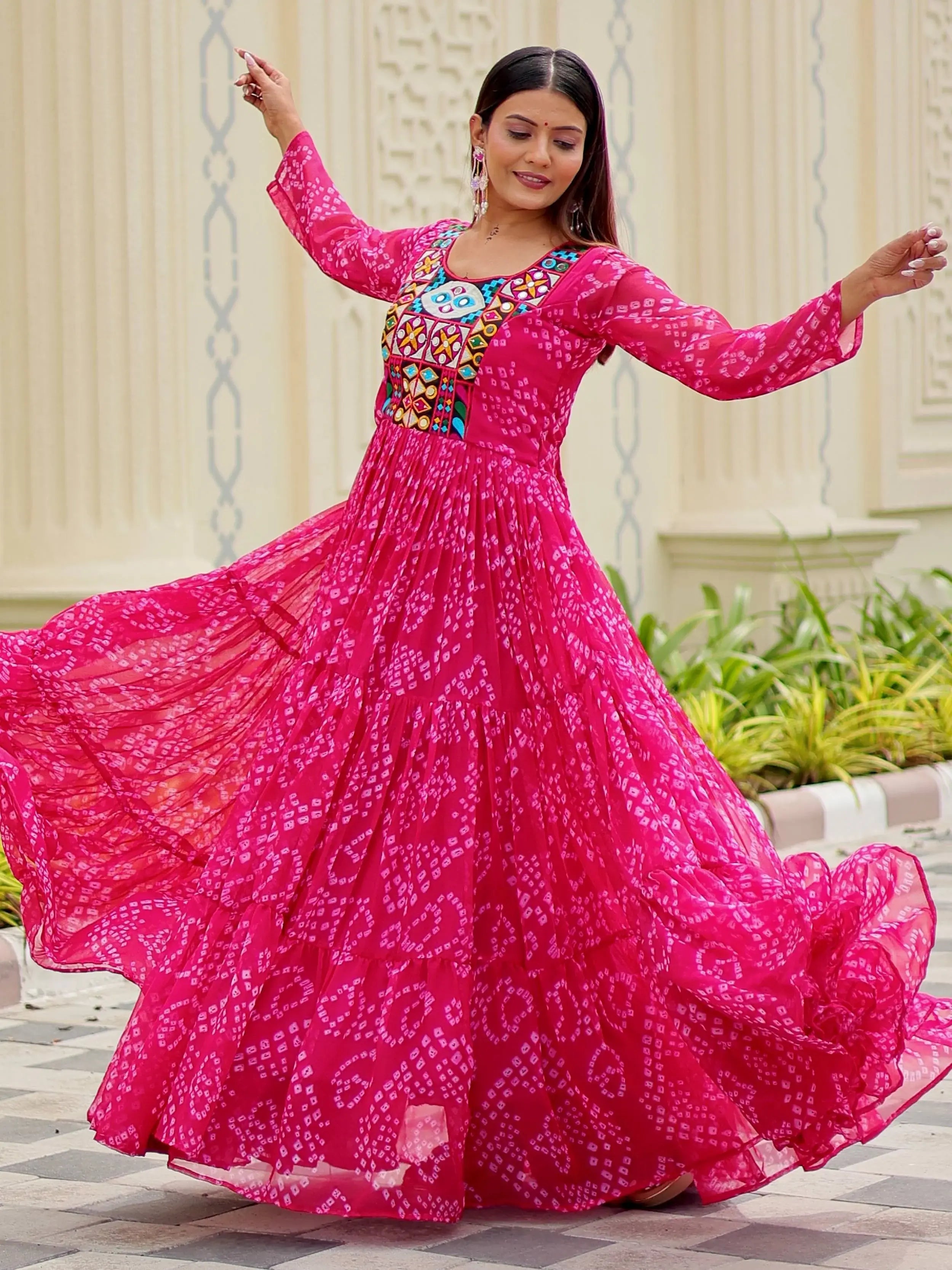Regal Pink Georgette Bandhani Printed Navratri Wear Gown