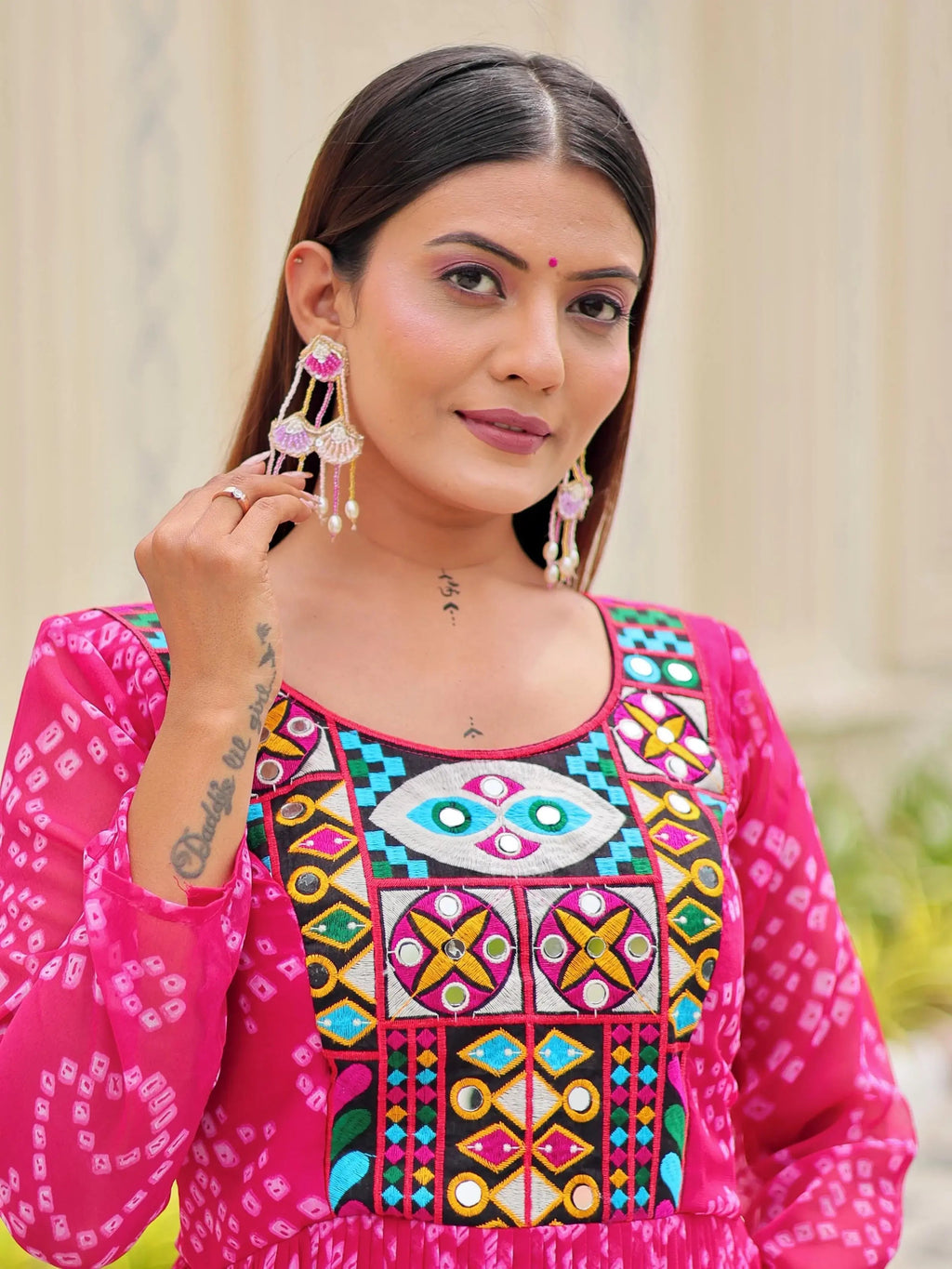 Regal Pink Georgette Bandhani Printed Navratri Wear Gown