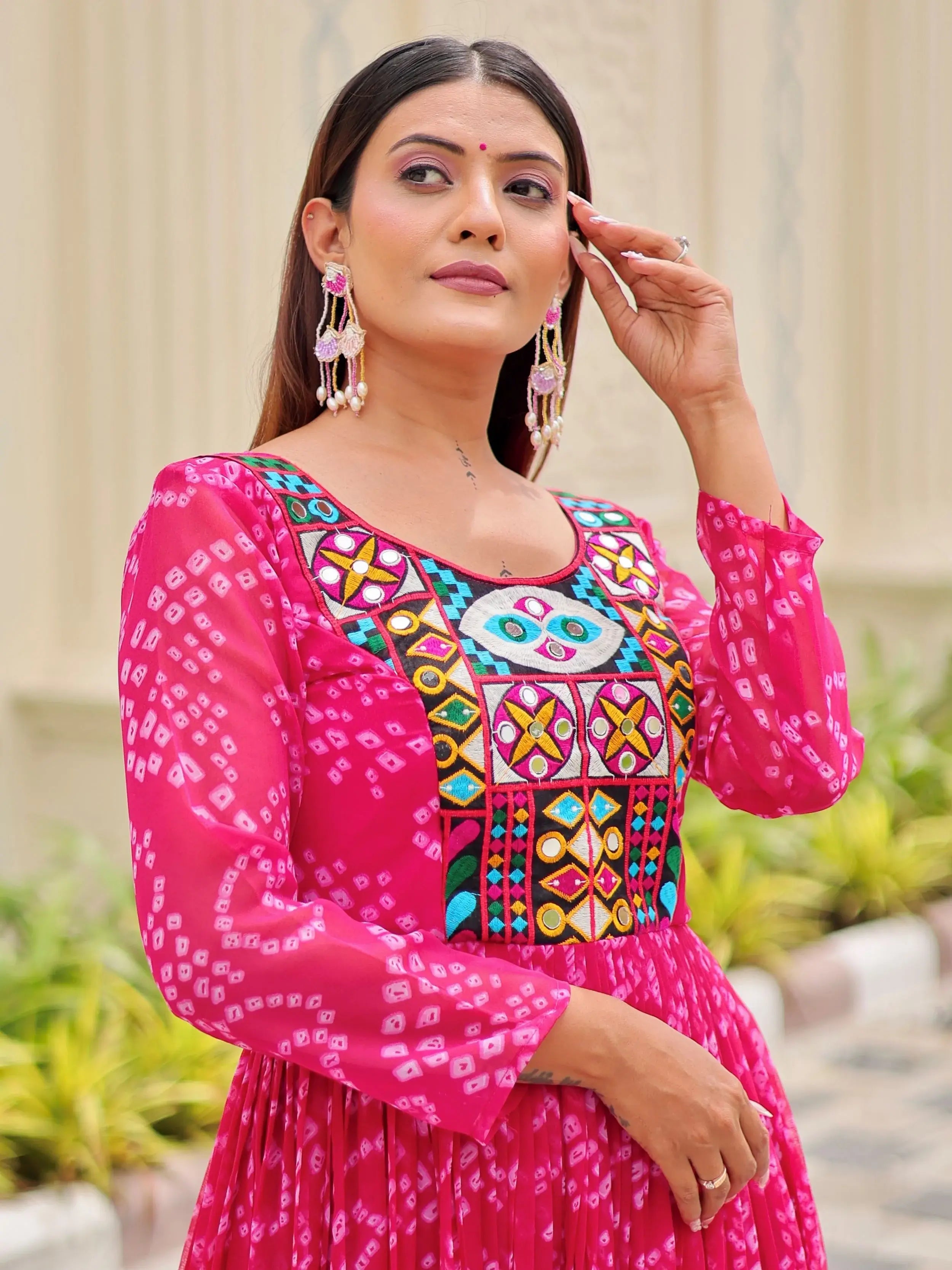 Regal Pink Georgette Bandhani Printed Navratri Wear Gown