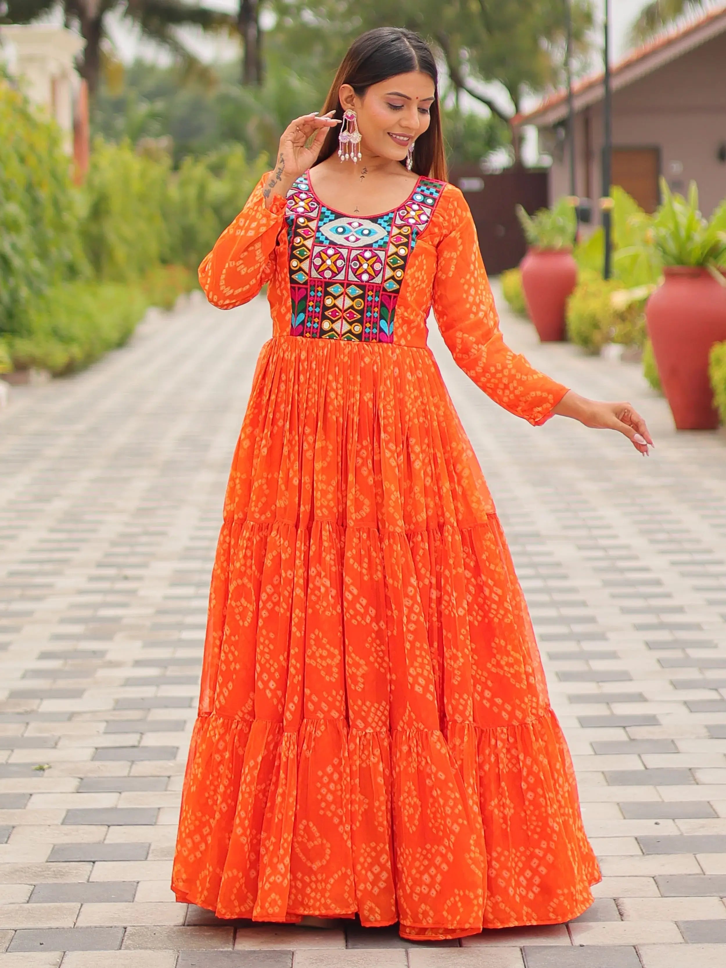Timeless Orange Georgette Gamthi Work Navratri Special Gown