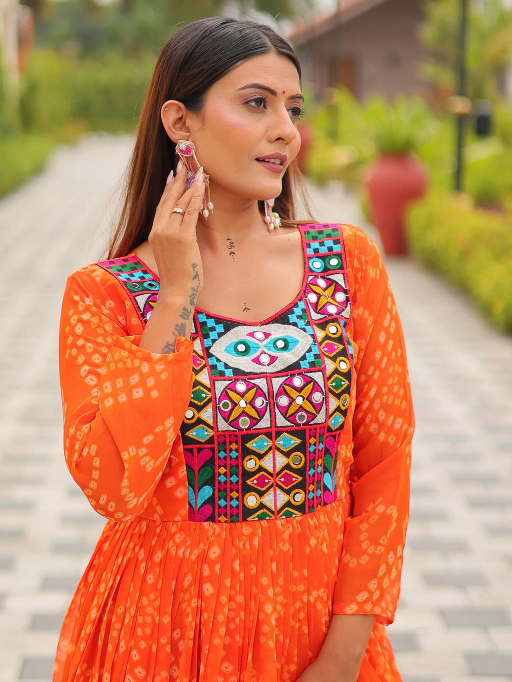 Timeless Orange Georgette Gamthi Work Navratri Special Gown