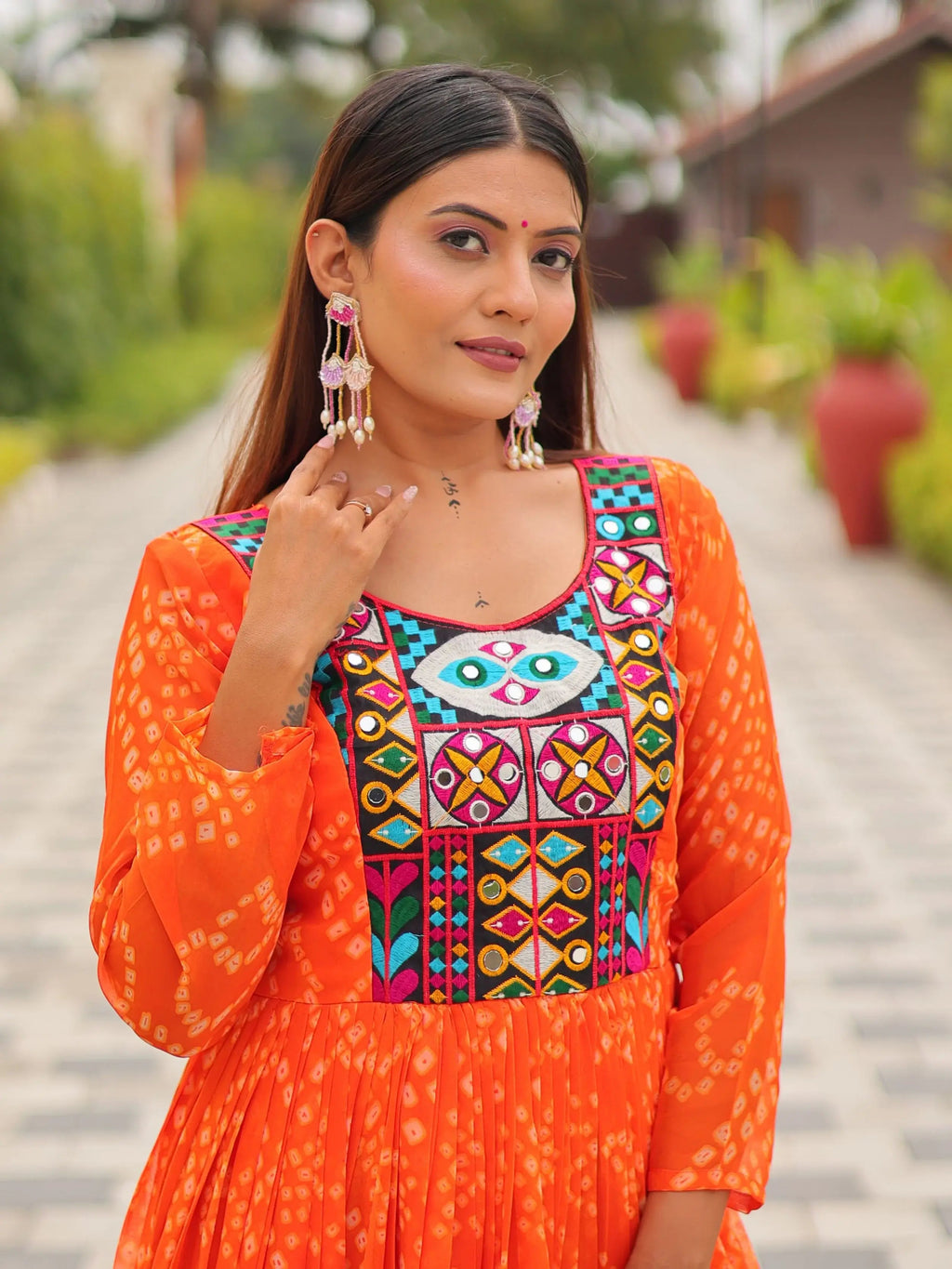 Timeless Orange Georgette Gamthi Work Navratri Special Gown