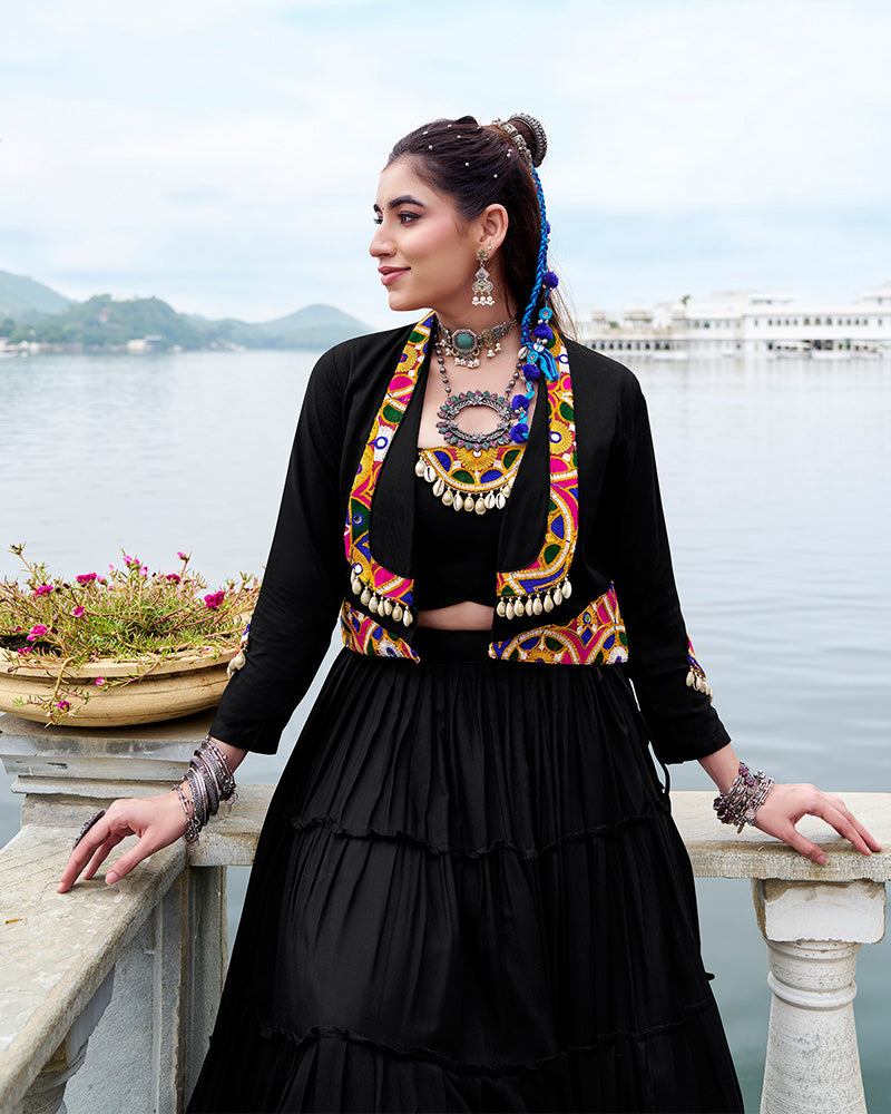 Black Pure Rayon Navratri Lehenga Choli with Stylish Design - ETHNICDEAL