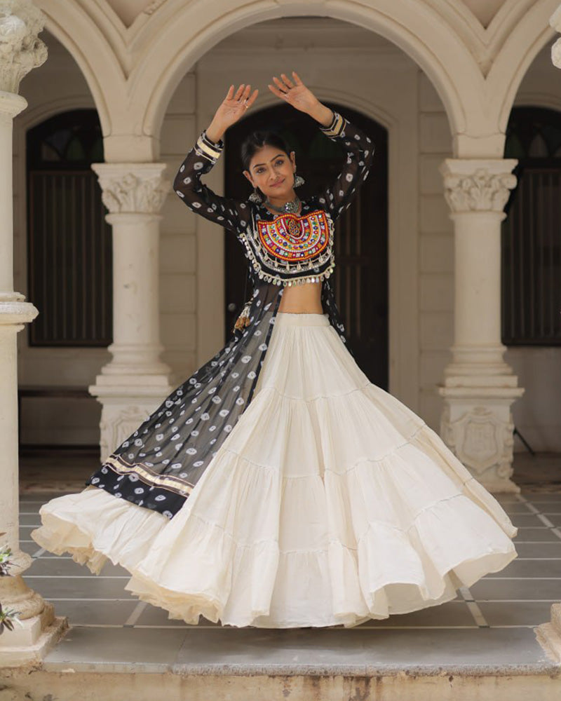 Black Bandhani Print Kurti With Kora Cotton Lehenga for Women - ETHNICDEAL