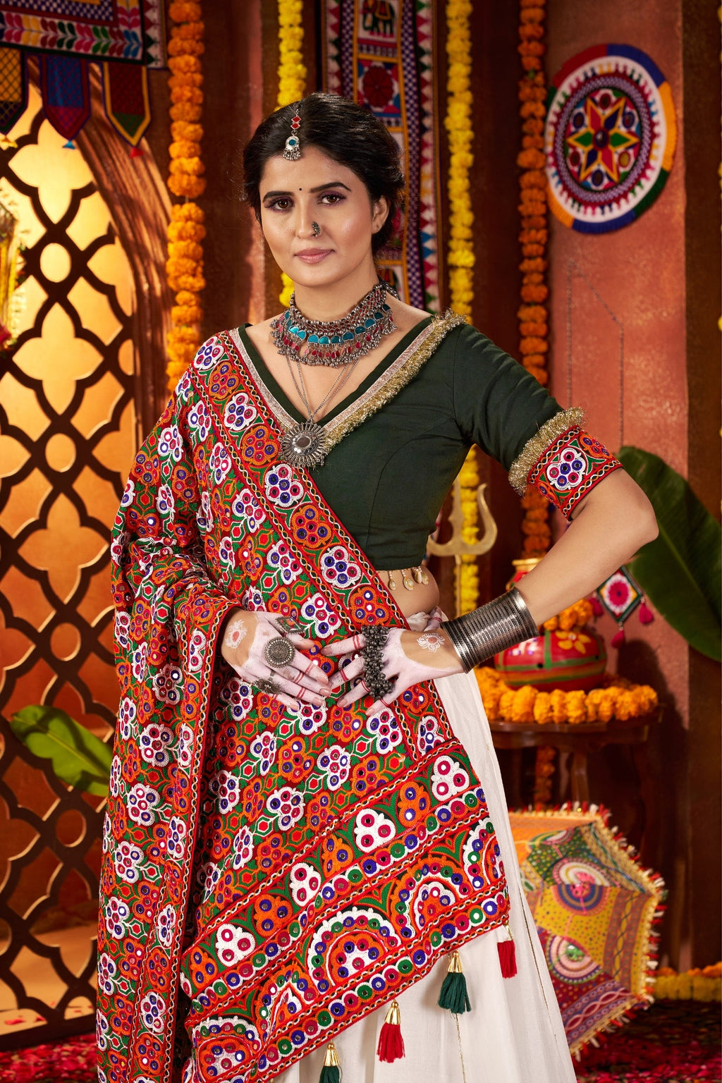 Beautiful White Designer Silk Navratri Special Lehenga Choli Set - ETHNICDEAL