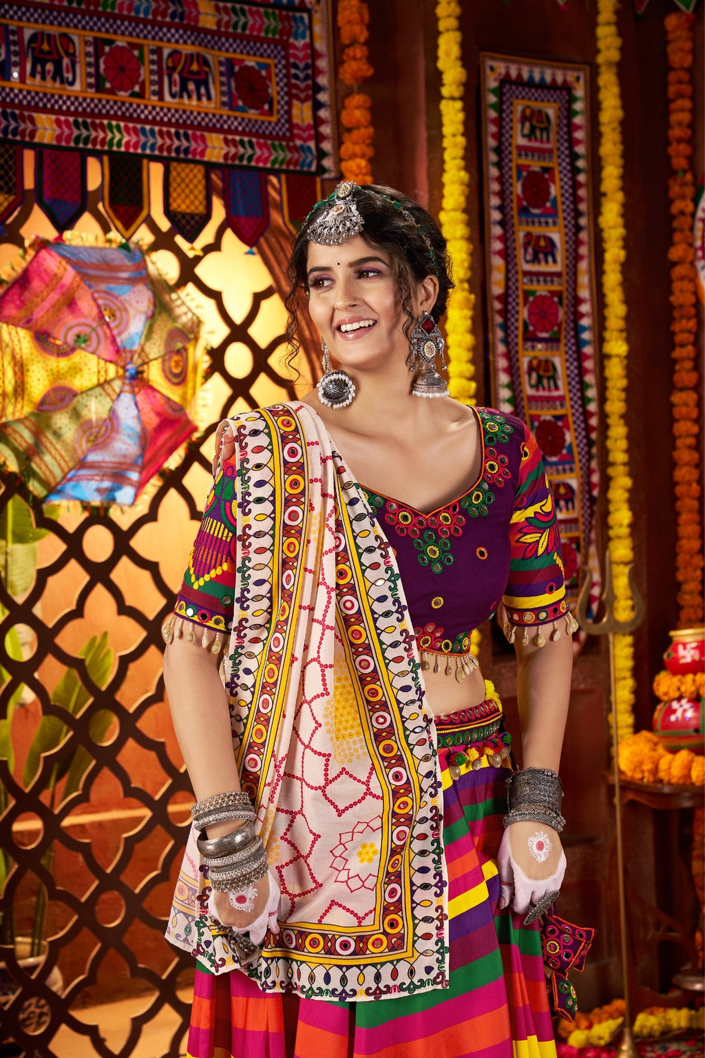 Multi Color Muslin Designer Stunning Print With Mirror Work Navratri Lehenga Choli - ETHNICDEAL