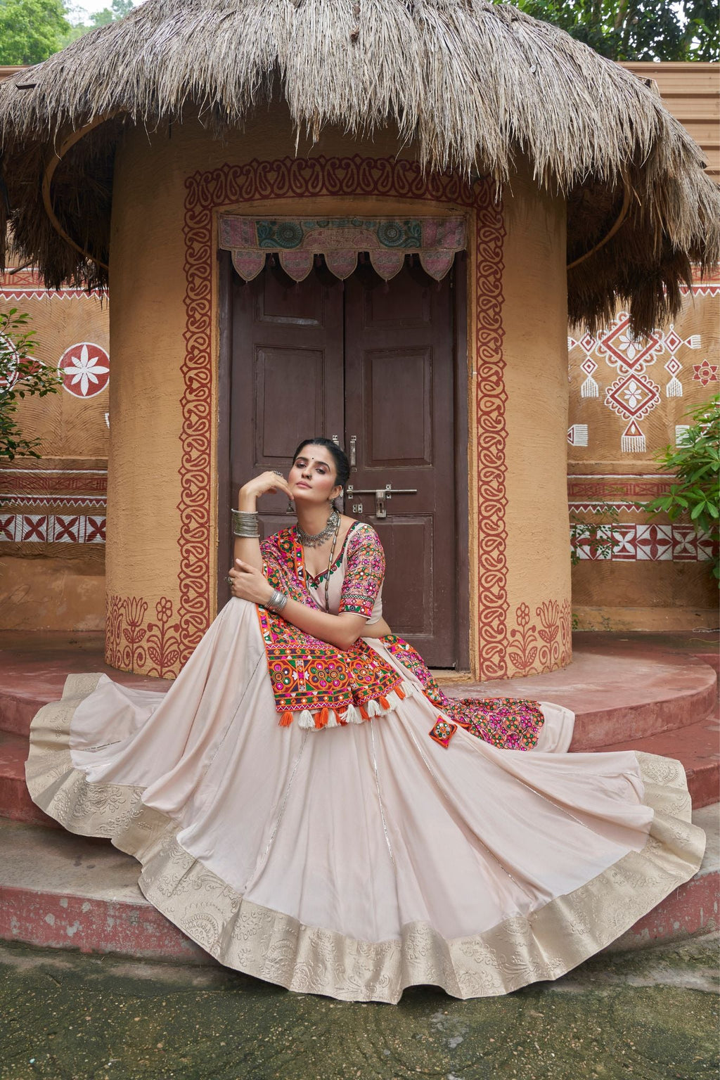 Beige Color Viscose Rayon Navratri Lehenga Choli - ETHNICDEAL