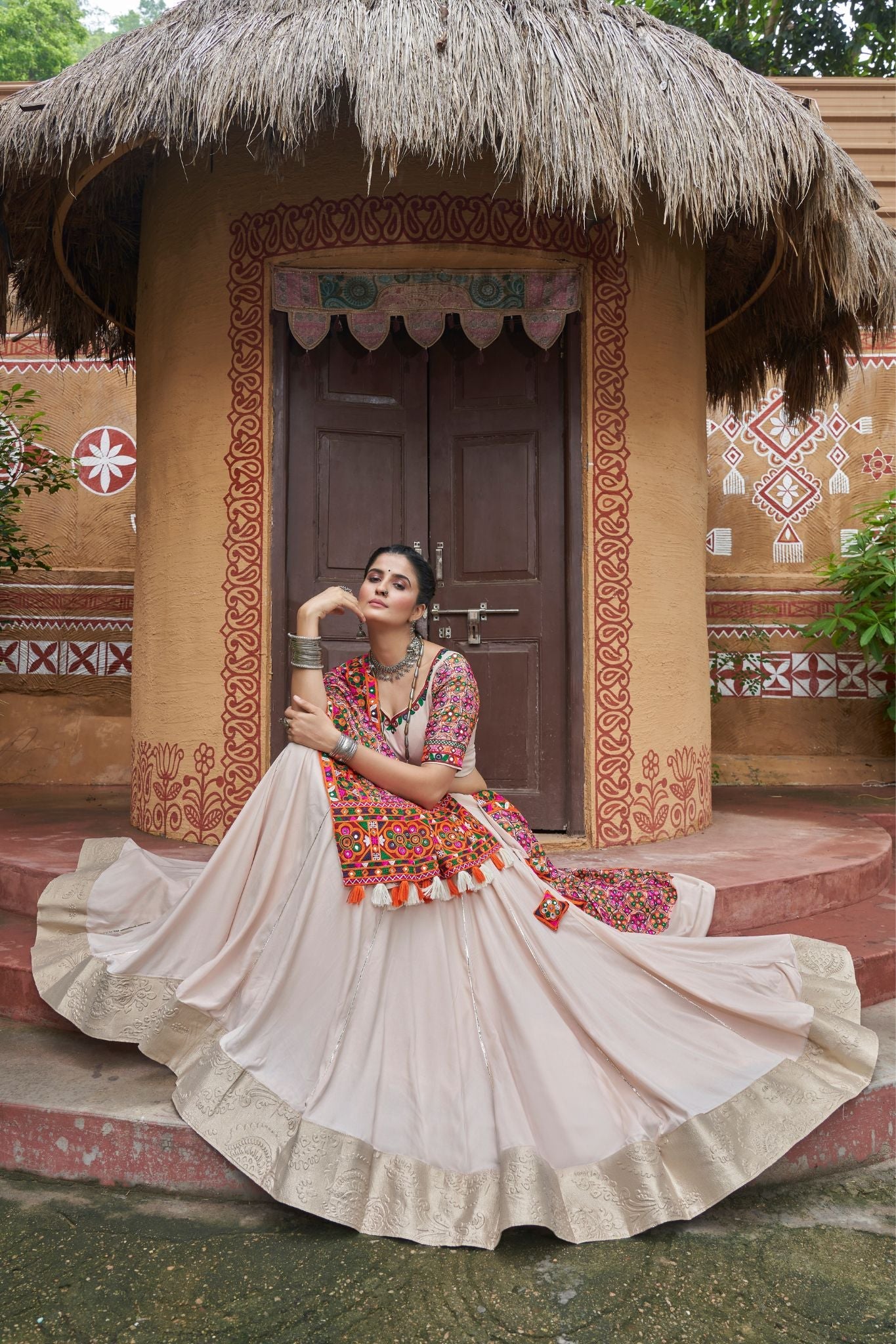 Beige Color Viscose Rayon Navratri Lehenga Choli - ETHNICDEAL
