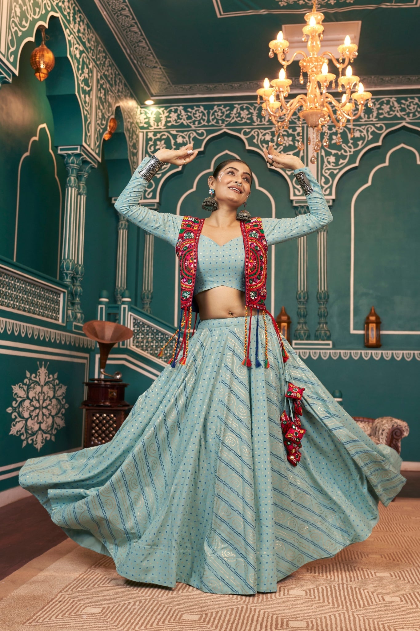 Pista Green Navratri Designer Viscose Rayon Readymade Lehenga Choli - ETHNICDEAL