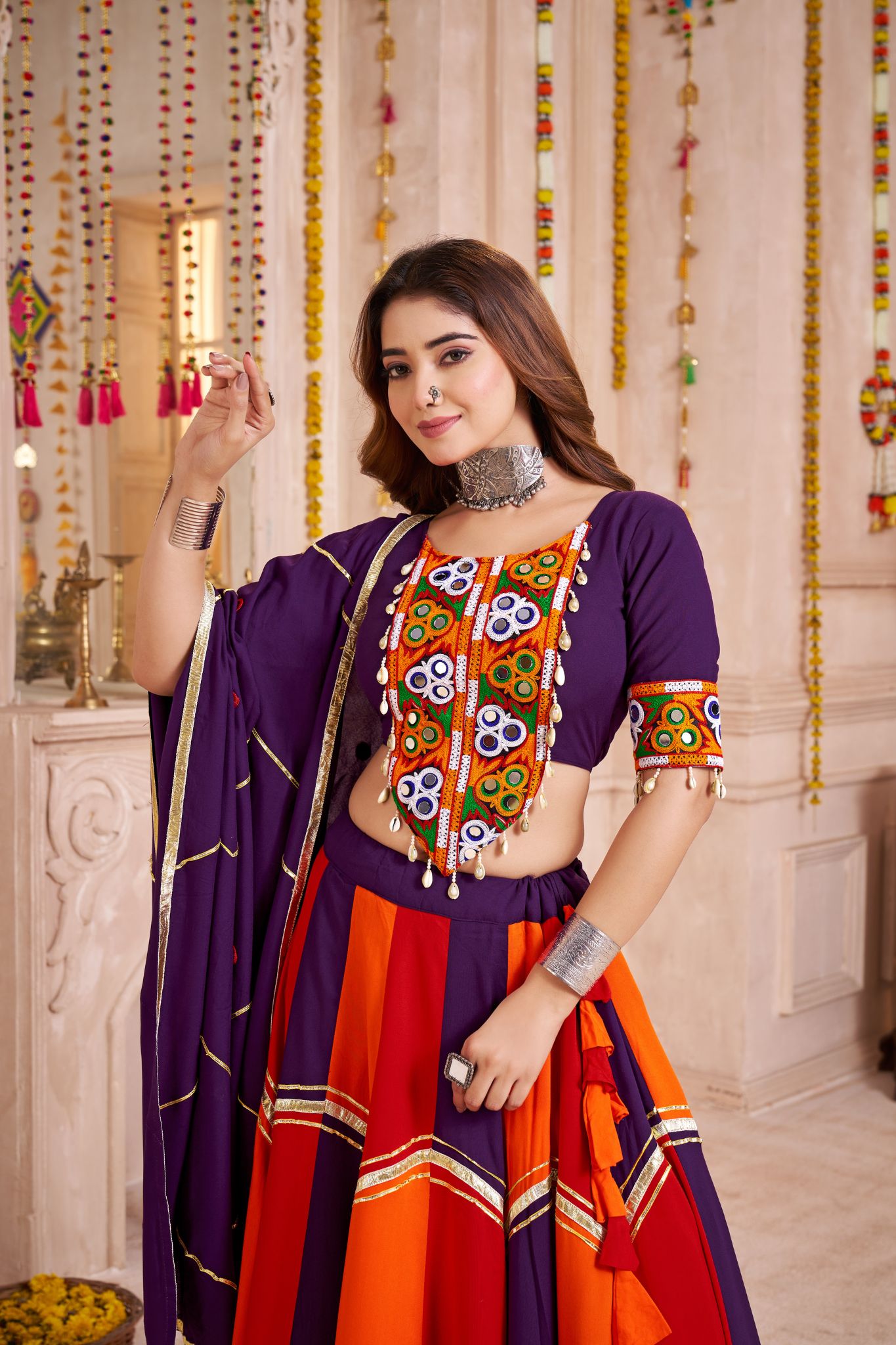 Designer Navratri Lehenga Choli With Handmade Ribbon And Mirror Work Dupatta - ETHNICDEAL