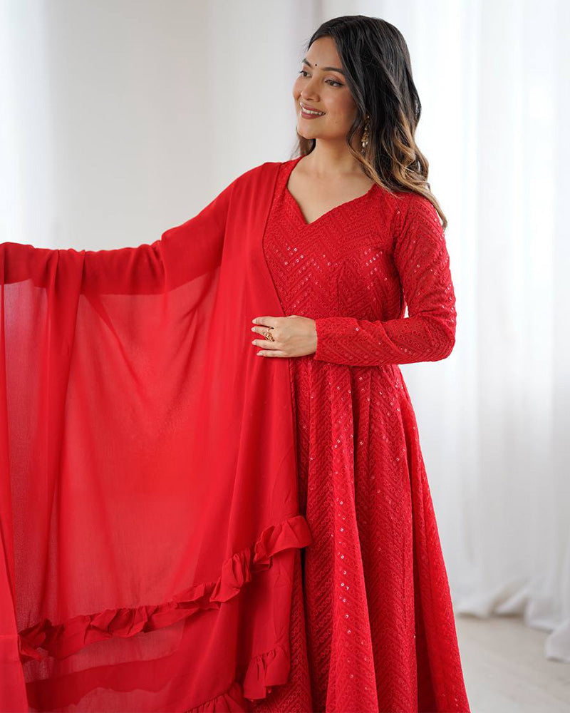 Red Color Georgette Lucknowi Three Piece Anarkali Suit - ETHNICDEAL