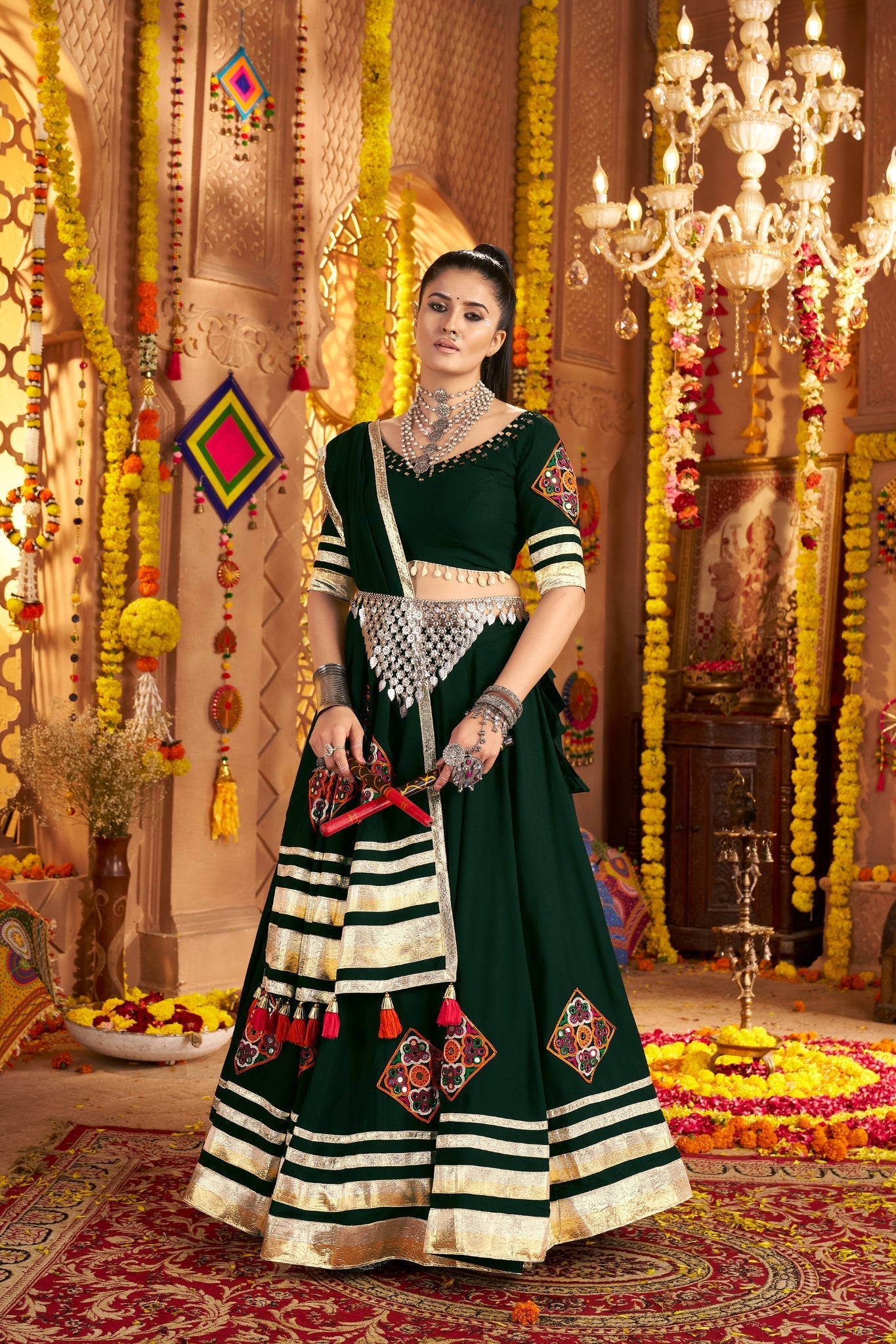 Green Thread Embroidered With Hand Mirror Work Navratri Festive Readymade Lehenga Choli - ETHNICDEAL
