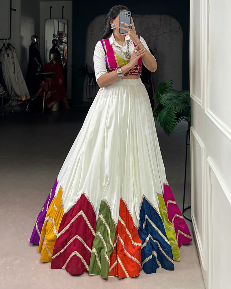White Rayon Navratri Lehenga Choli WIth Multicolor Border - ETHNICDEAL